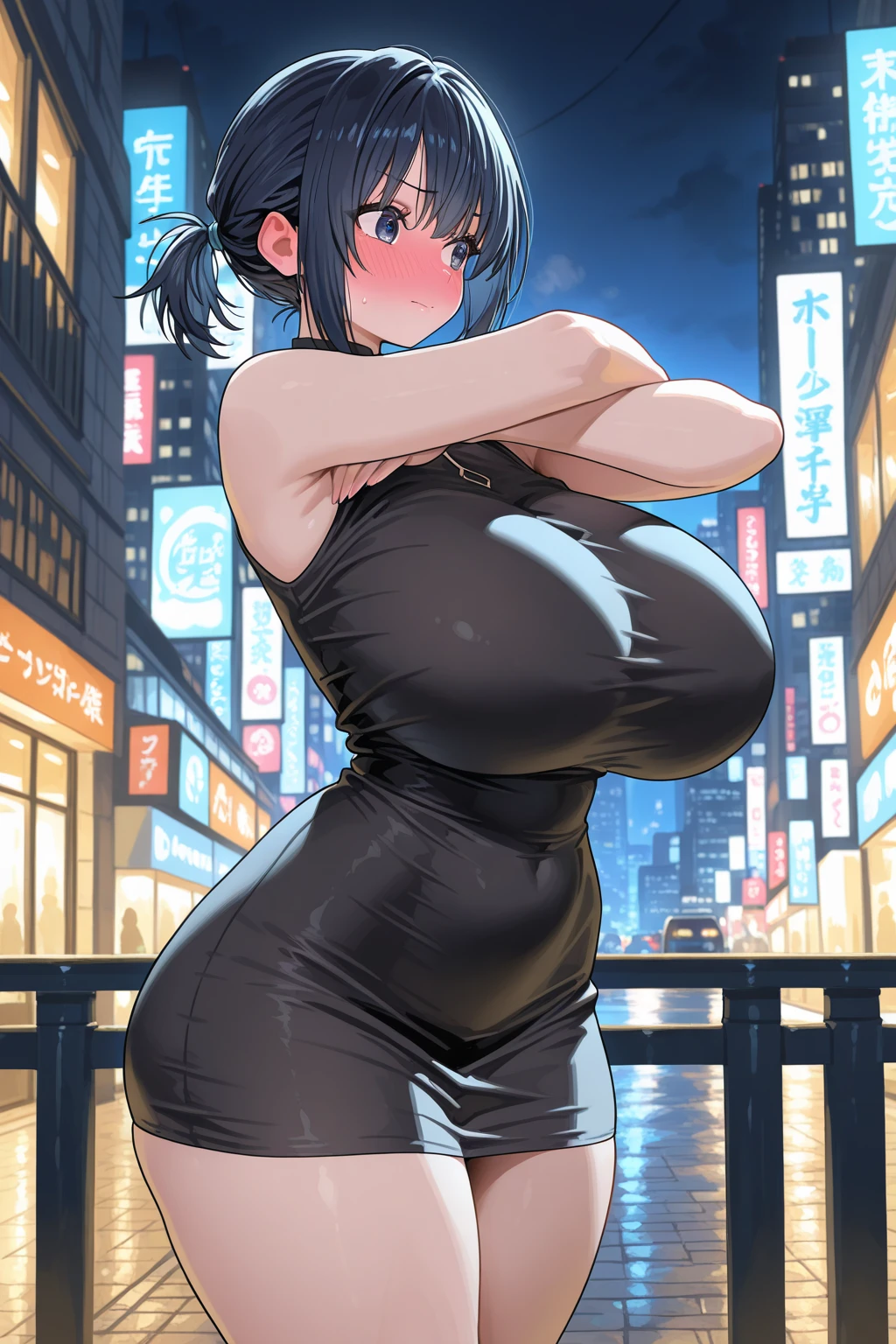 A woman in a black and white outfit is posing on a roof, Half Yamada, Tokyo Cyberpunk Night on the Roof, Chubby, On a rooftop at night in Tokyo, shikamimi, Shot with Canon EOS 5D Mark IV, Ayaka Cosplay, , Neo Tokyo, Shot on a Canon 80d, at night!!, Chiho Big Breasts、pubic hair、Boobs exposed,((NUDE))、((Nipples))、((puss))、universe、((((sexy)))),((((大きなおっぱい))))