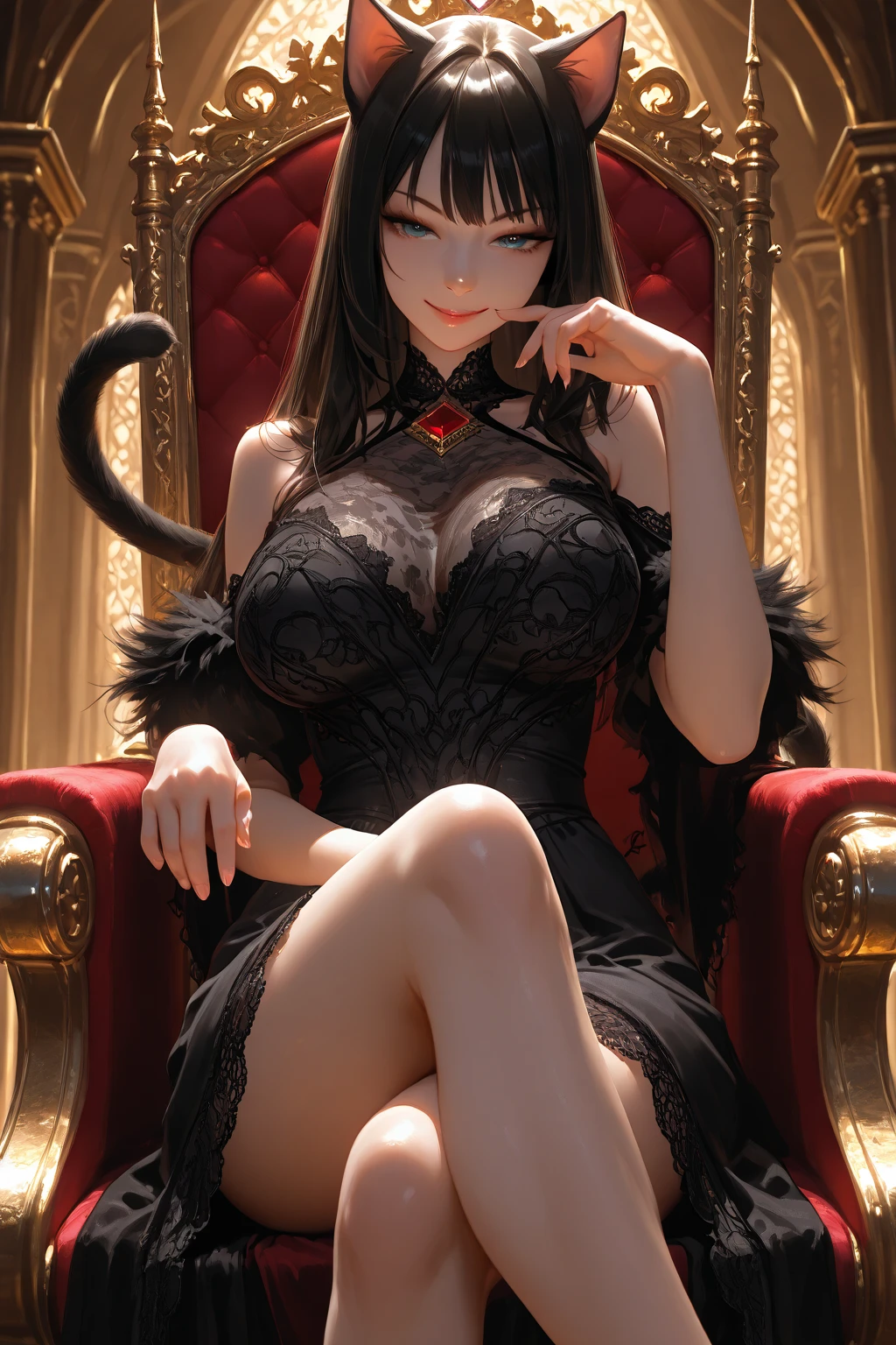 Writing cat girl Wear provocative clothes Her breasts are just huge naked The background is the throne room The pose is prostration Gentle Eyes