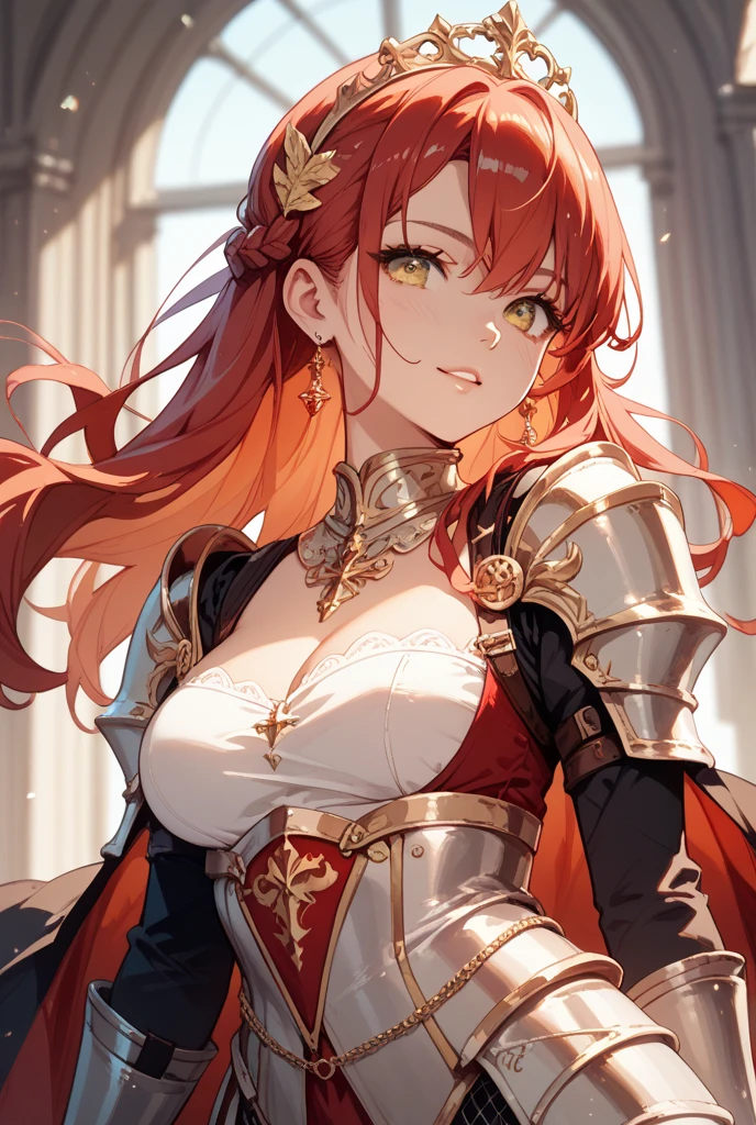 Create an image of a beautiful woman wearing ornate armor made of gold, she has beautiful red hair, and golden vertical pupils, anime styling