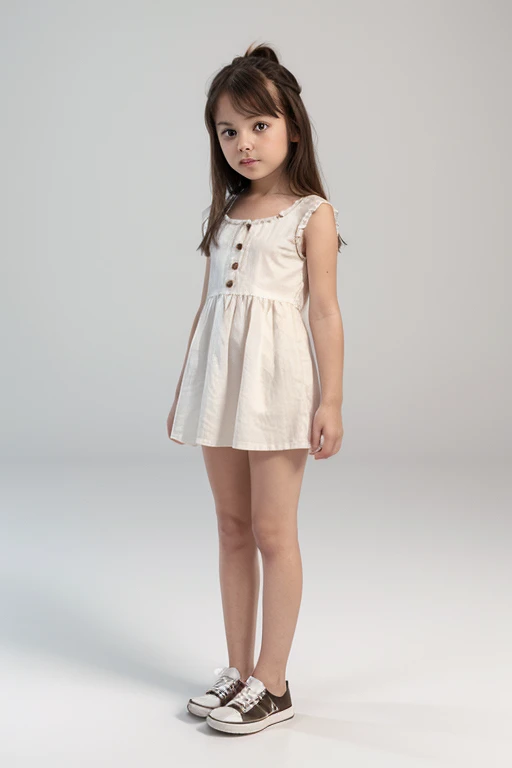 8K,masterpiece,Portrait Photography,Japanese,8-year-old girl,round face,Well-proportioned face,Innocent face,Calm Eyes,Big eyes,Fine grain,delicate,Slim body,Narrow shoulders,Small waist,Thin legs,Short stature,Extremely small breasts,Neat,summer,Cute outfit,The light makes the clothes transparent,White clothes,White and light grey stripes,Thin fabric clothing,Casual wear,Summer Dresses,separate,Buttons on the front,Quite short in length,My belly is visible,,Extremely short skirt,Lace hem,Lace on the chest,ribbon,Medium-long hair,Cinematic lighting,Natural smile,Natural pose,Reader model for children's fashion magazine,Very strong winds