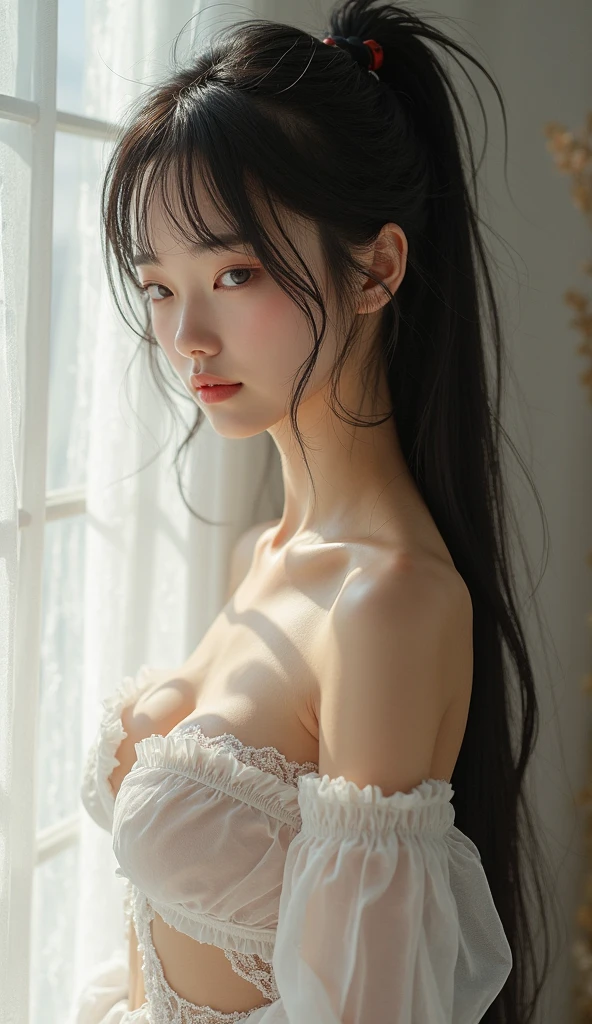 Sweet girl clothes4,strapless dress,jewelry, ((knee shot)), Shot from a random perspective, 22-year-old Asian model, slim, Slimming the waist, curlies, high-waist, warm lights, Warm tones Slender legs, Cross ed leg, In the hallway, leaning against the railing, warm lights, a warm color palette, Dynamic pose, posing elegantly, blonde hair, streaked hair, hair ornament, heart-shaped pupils, makeup, light smile, shy, licking lips, Romanticism, Social realism, chiaroscuro, motion blur, anaglyph, Sony FE , UHD, masterpiece, textured skin, super detail, best quality