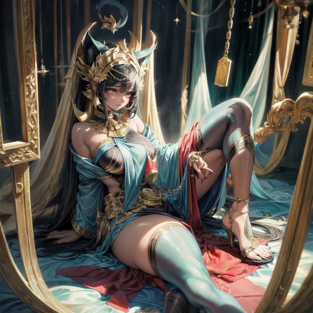sick girl,Beautiful Middle Eastern folk costumes, 5 years old,girl sitting on bed in dark room,long bangs that cover the eyes,Long,A dark-haired,deadpan,jewellery,outside of house,hair adornments,Pendants,jewely,Full body painting,gypsy,Brown-skinned,Open both legs,reaching out her hand,,