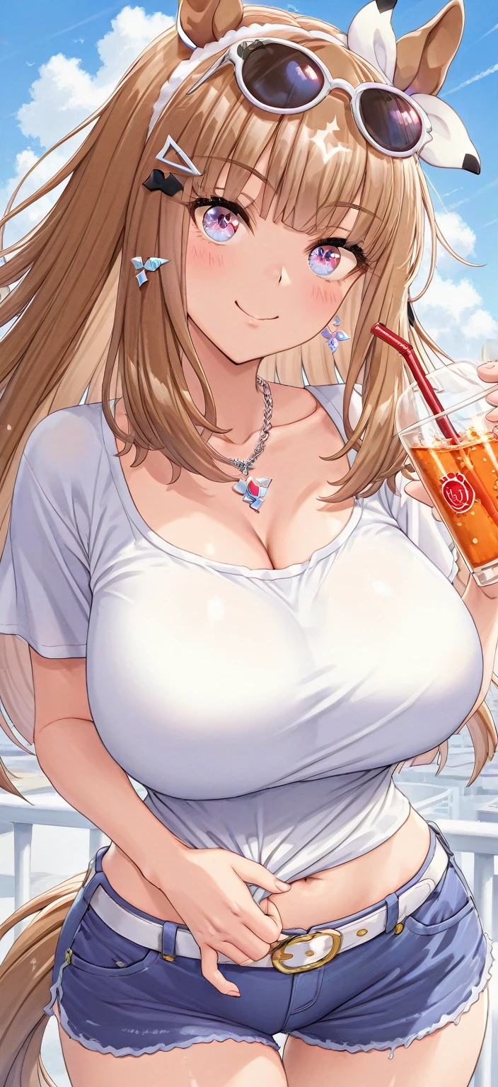 Mature Japanese Woman、short hair、ponytail、(((blonde)))、gal、blondegal、tanned skin、big breasts、sexy、T-shirt appearance、Izakaya、drink alcohol、cheeks are red、nsfw、dimly lit room、shorts、big breastsが見える、shorts、Cleavage is separated、masturbation、sex、sweaty