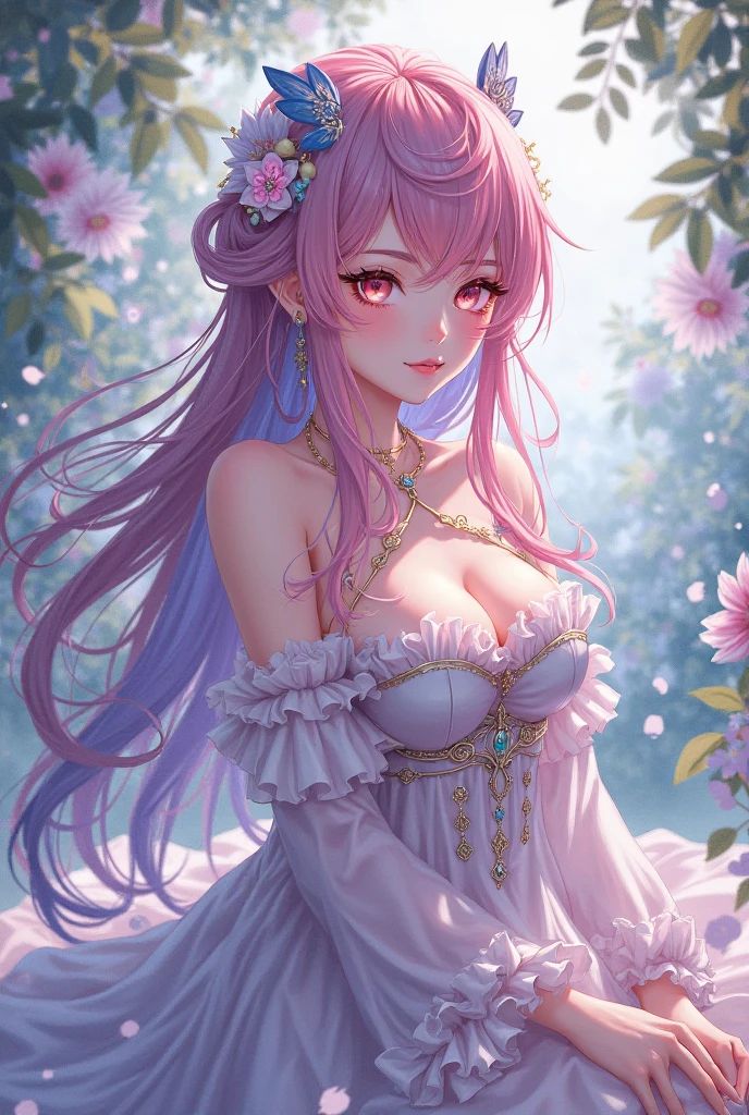 ((muste piece)), ((best quality))、best style、beautiful woman、The most beautiful woman in the world、dress with flowers、wearing a luxurious dress, pink eyes、pink hair、long hair、big breasts、detailed face、best style、
