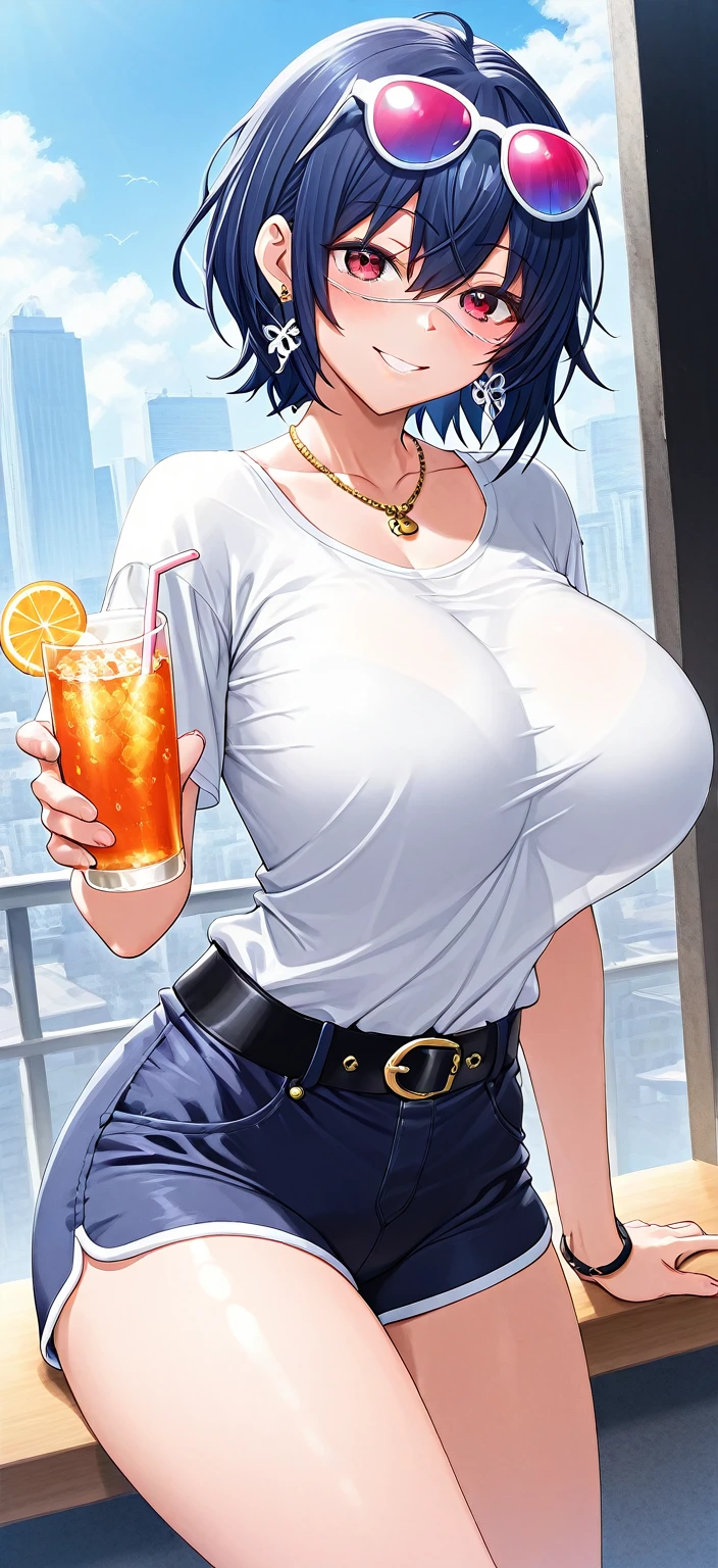 Highest quality,Highest Resolution,Beautiful girl with black hair in work clothes in the park,sunny,Open your mouth wide and spit a lot,Tears,Sweat profusely,Big Breasts,(((Drink a drink))),Transparent nipples,