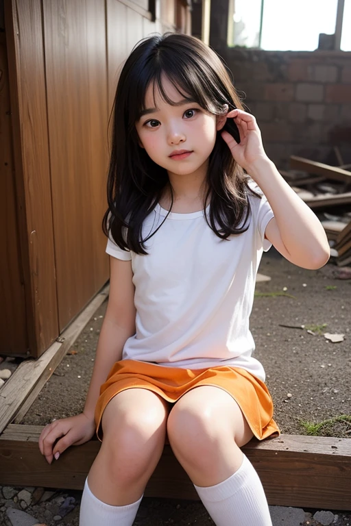 8k,Japanese,10 years old,Innocent face,Teenage Girl,cute,Summer clothes,Casual wear,Squat,Black Hair,garden,Hair Clip,