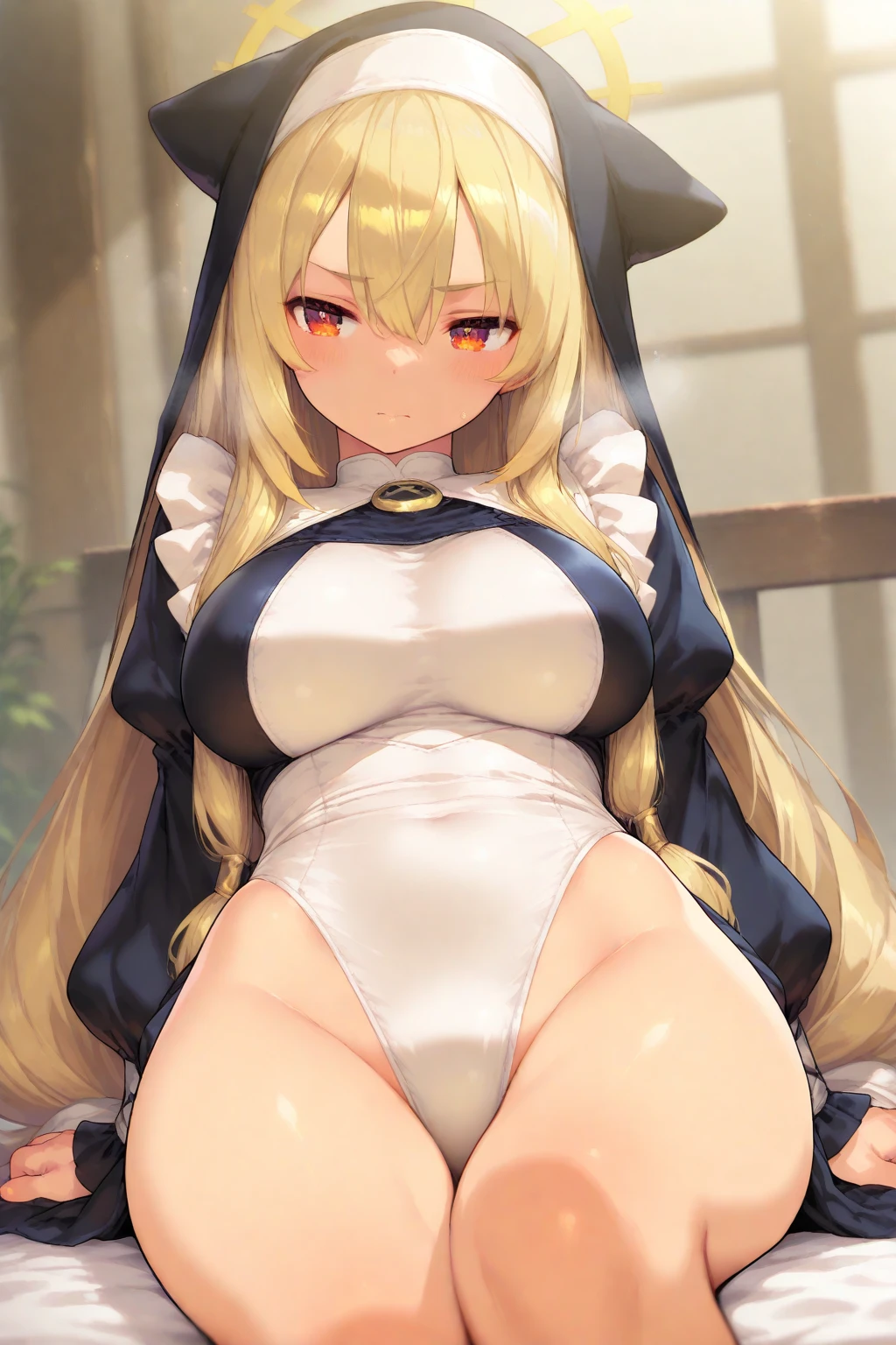 slender, mature female,1girl, high_heels, breasts, long_hair, squatting, blonde_hair, large_breasts, solo, open_mouth, blush, blue_eyes, earrings, jewelry, smile, bare_shoulders, looking_at_viewer, very_long_hair, thighs, bangs, spread_legs, braid, hair_ornament, eyebrows_visible_through_hair, cleavage, thigh_strap, ass, sidelocks, black_footwear, :d, navel, covered_navel, 