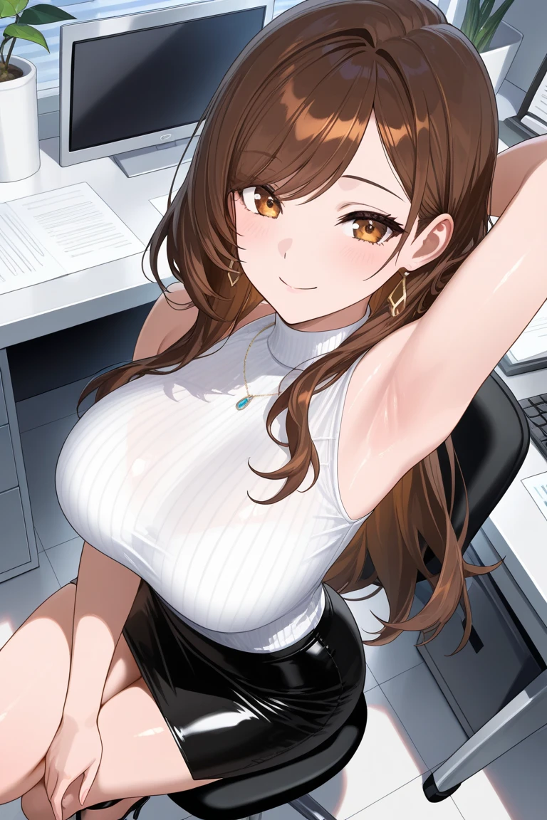 long curly brown hair, brown eyes, sitting at desk, gamer headset, gamer phone, pale skin, thick thighs, tank top, shorts, big chest, up close