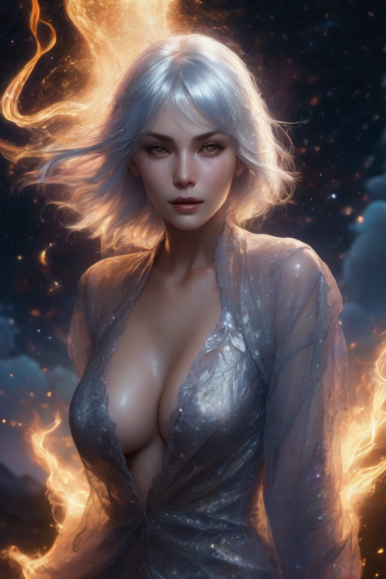 High detail RAW color Photo of pale beautiful young woman ((nude)) (((Amused beautiful, petite, slim) with angular face, pointed chin, feminine, large eyes)), ((wearing rags, damaged)) cape, realistic, symmetrical, highly detailed, harsh lighting, cinematic lighting, art by artgerm and greg rutkowski and alphonse mucha, ((tornado, sparks, embers)) quad tails, showing breasts, serious eyes, contrast, textured skin, cold skin pores, hasselblad, 45 degree, hard light, gigapixel , feet visible, flawless face, freckles, perfect hairy vagina