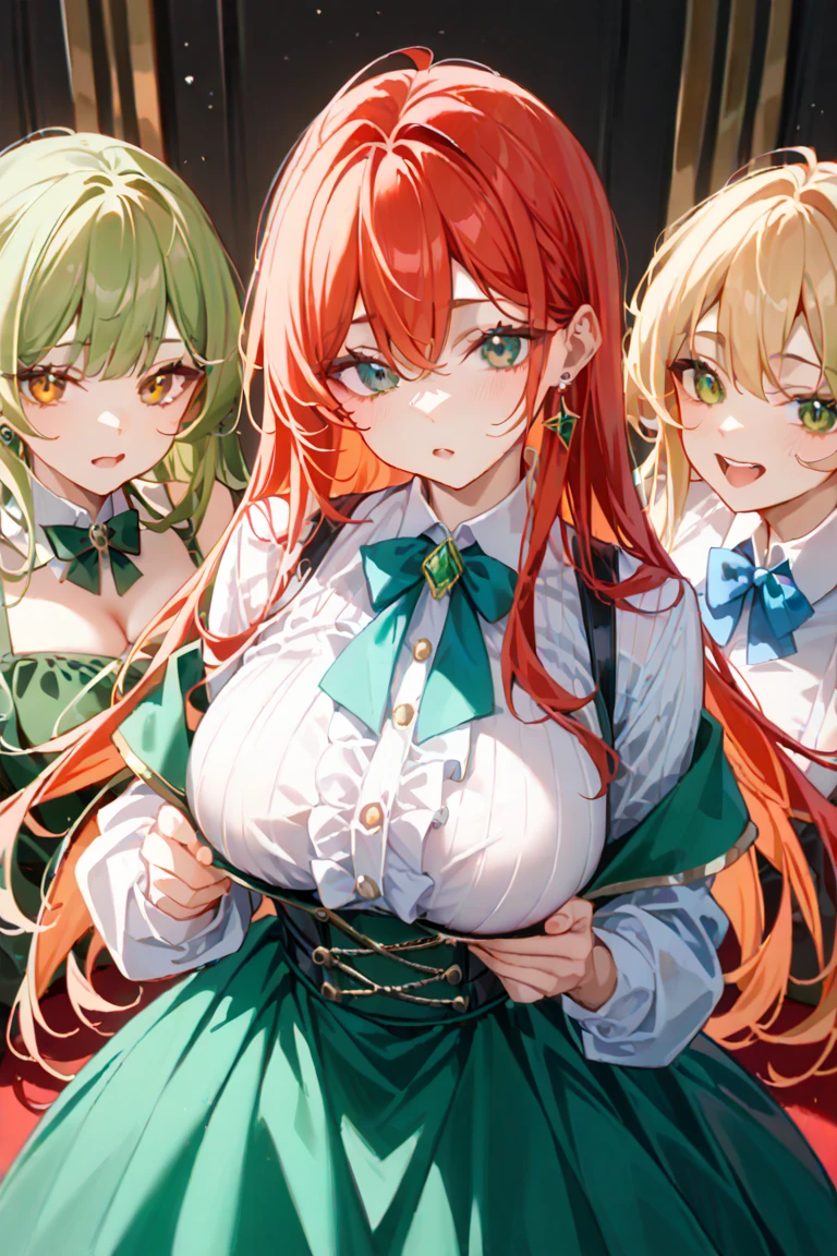 ((best quality)), ((Masterpiece)), (details), 2 girls, The first one has long green hair.,red eyes,big breasts,Slim figure,small hips,wearing a red school uniform,Put on white stockings, Two people with short yellow hair,blue eyes,small hips,Wear a green ,Wear black stockings,Exchange tongues,