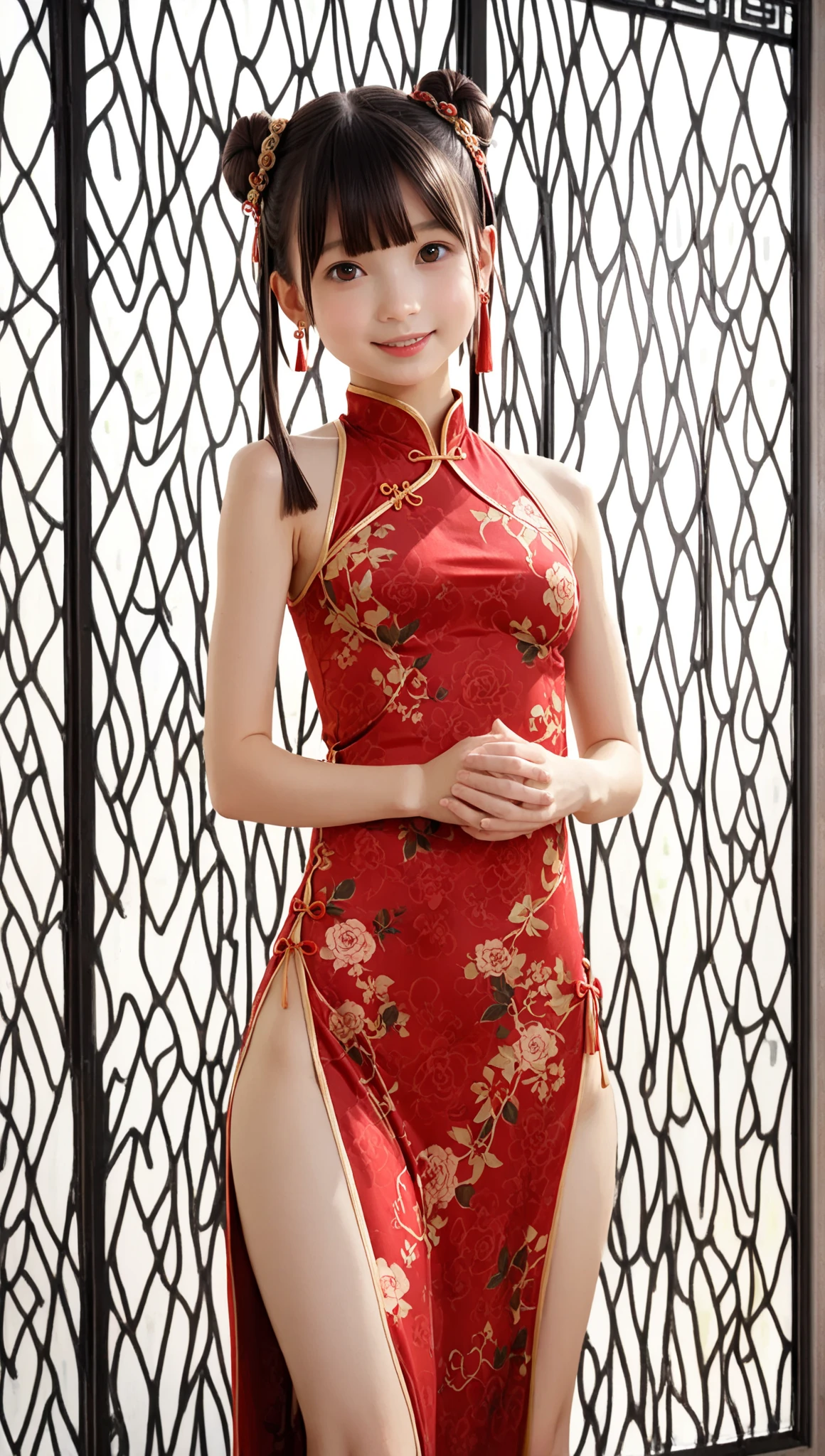 (top-quality、超A high resolution、​masterpiece:1.3), Midhair with bangs, Detailed moisturized eyes, Textured skin, Best Quality, in 8K, blurry backround, (Colossal , long legged, Legs exposed through slits), Natural Color Lip, ssmile, Woman with perfect style, You're in a high-traffic area, (Girl in cheongsam with colorful pattern:1.2), Facing the front, Looking at the camera