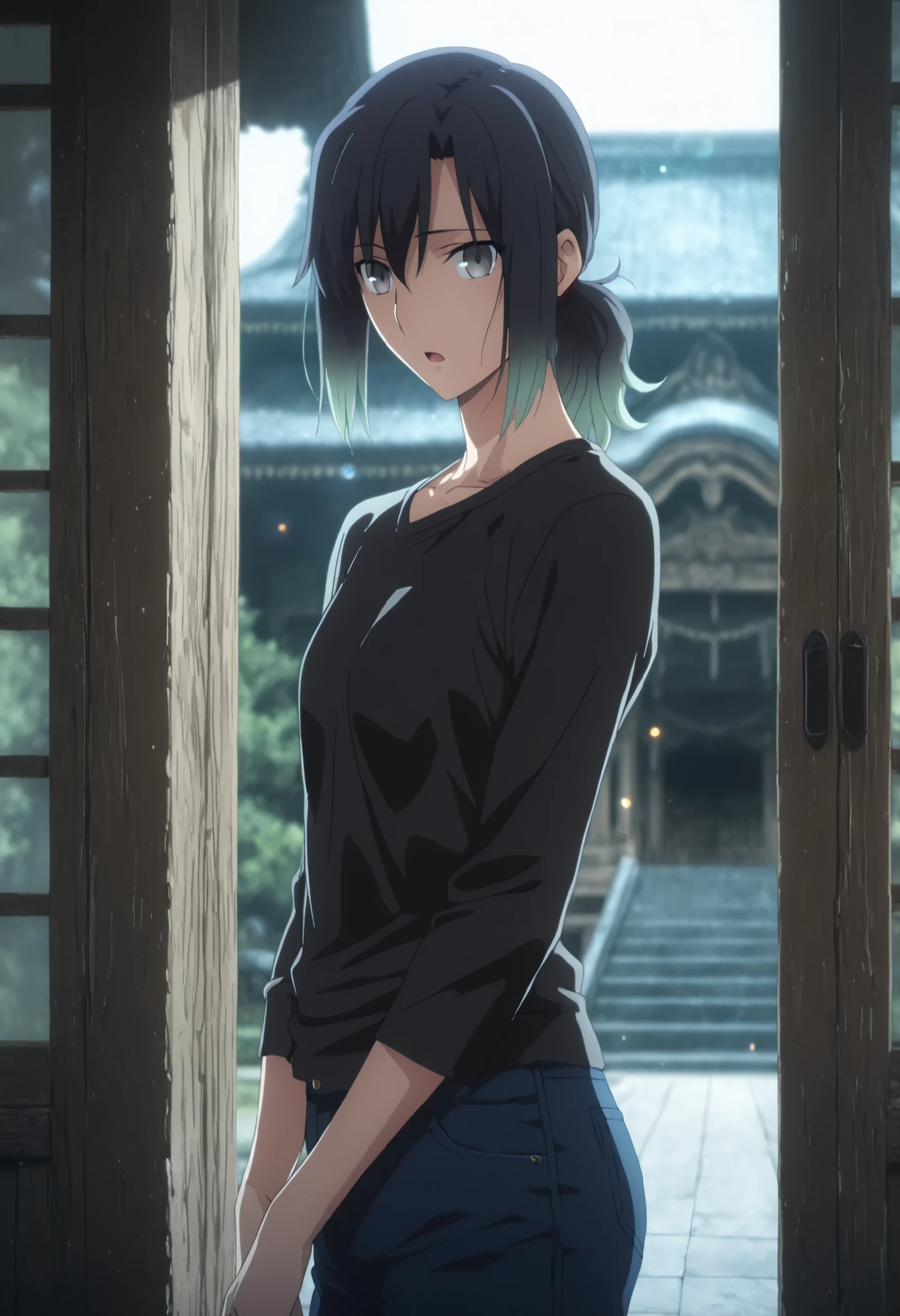 masterpiece, best quality, amazing quality, highres, absurdres, very aesthetic, high resolution, ultra detailed, perfect details, solo, evening, ufotable style, indoors,((temple)),night lens flare,((cinematic light)), from side, ,
 
1girl, ufotable style, anime style,  (anime coloring), (anime screencap),(aged up:1.2), (black shirt, crew neck shirt), ,((detailed dark blue denim pants)),light skin, , , 
   
girl,(slim arms), ,Touko Aozaki, girl, mature, Fate Grand Order, black hair, detailed beautiful hair, black hair, [(gradient hair from light green to black):0.4], medium hair, (straight hair, low ponytail), light gray eyes ,(small breasts, flat chest), looking at viewer, , light open mouth, cowboy shot, , , 
