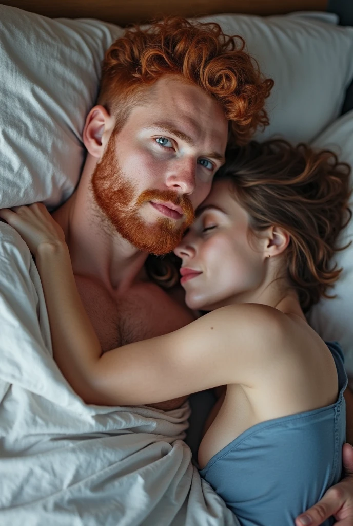creating dynamic poses and long angle shots, a couple sleeping in a large bed,a man lying relaxed with his eyes closed, Yaman pode, 20 year, long brown hair with bun, strong square chin, defined chin, thin moustache, strong muscular physique, tattooed arm and hand, wearing no shirt, him&#39;is just wearing white boxer briefs with a big penis. Do lado dhim está dormindo uma jovem mulher, 20 year, Kennedy Walsh, phim branca delicada, freckles, very long silky brown hair with bangs, a usar um sweatshirt branco largo, covered with blanket, hugging him a little. They are sleeping on a large white bed in a dark modern room at night with window panes showing the falling snow.