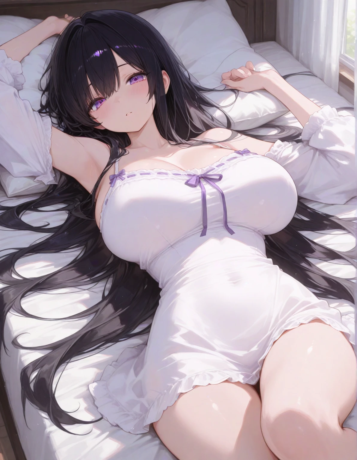 A woman with big ,Gorgeous young princess,clavicle,Prominent and smooth underbreast area,Very transparent,(Transparent wedding dress:Bikini|1.2),Intricate details,Beautifully,Lace headband,Showing belly,bedroom,Lying in bed,