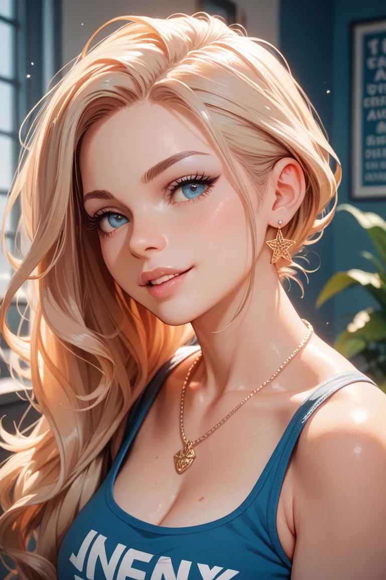 1girl, Solo, Anatomically Correct, Masterpiece, High Resolution, Award Winning, Best Quality, High Details, High Quality, Super Detailed, Textured Skin, Long Hair, Blonde Hair, Shiny Hair, Swept Bangs, Large breasts, Large ass, Abs, Muscular, Tall, Crescent Earrings, Smile, Blue eyes, Makeup, Heterochromia, Blush, Licking Lips, Red Lips, Sparkling Eyes, Raised Eyebrow, Green eyes