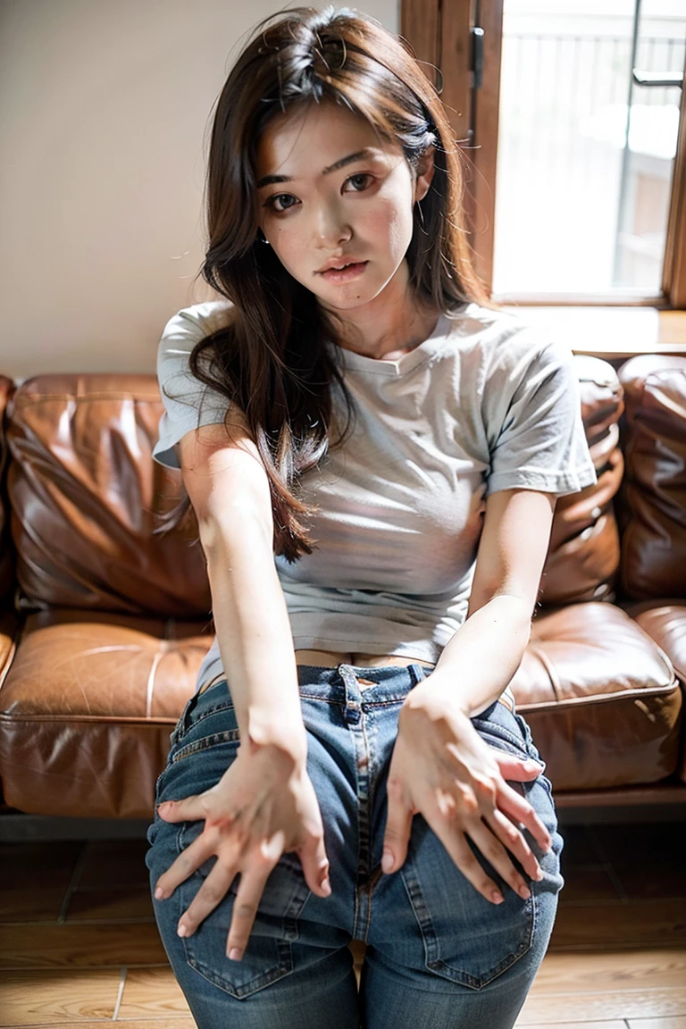 realistic, masterpiece, best quality, a young malay woman, age around 25 years old, long black hair until chest, wearing round glasses, big rounded eyes,  frame, ((light blue long sleeves tshirt, jeans and wearing sneakers)), sitting on floor, mouth gag, gag, red ballgag, fireplace,(look on the floor, abandon house,night, dark),bound arms,ball gag