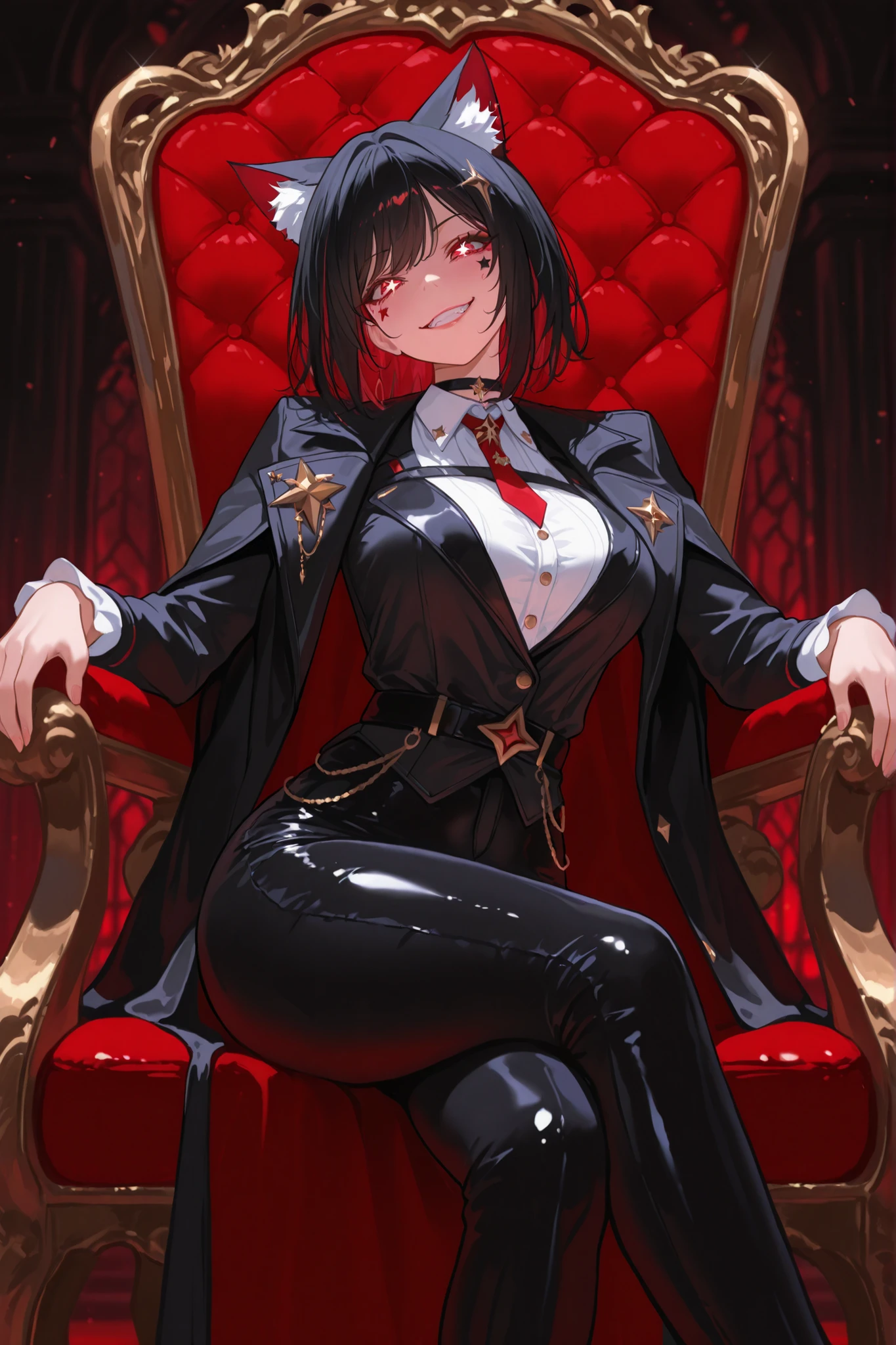 masterpiece, best quality, amazing quality, very aesthetic, high resolution, ultra-detailed, absurdres, newest,1girl, star eyes, cat ears, facial tattoo, stylish outfit, sitting on throne, sitting pose, evil grin, confident expression,