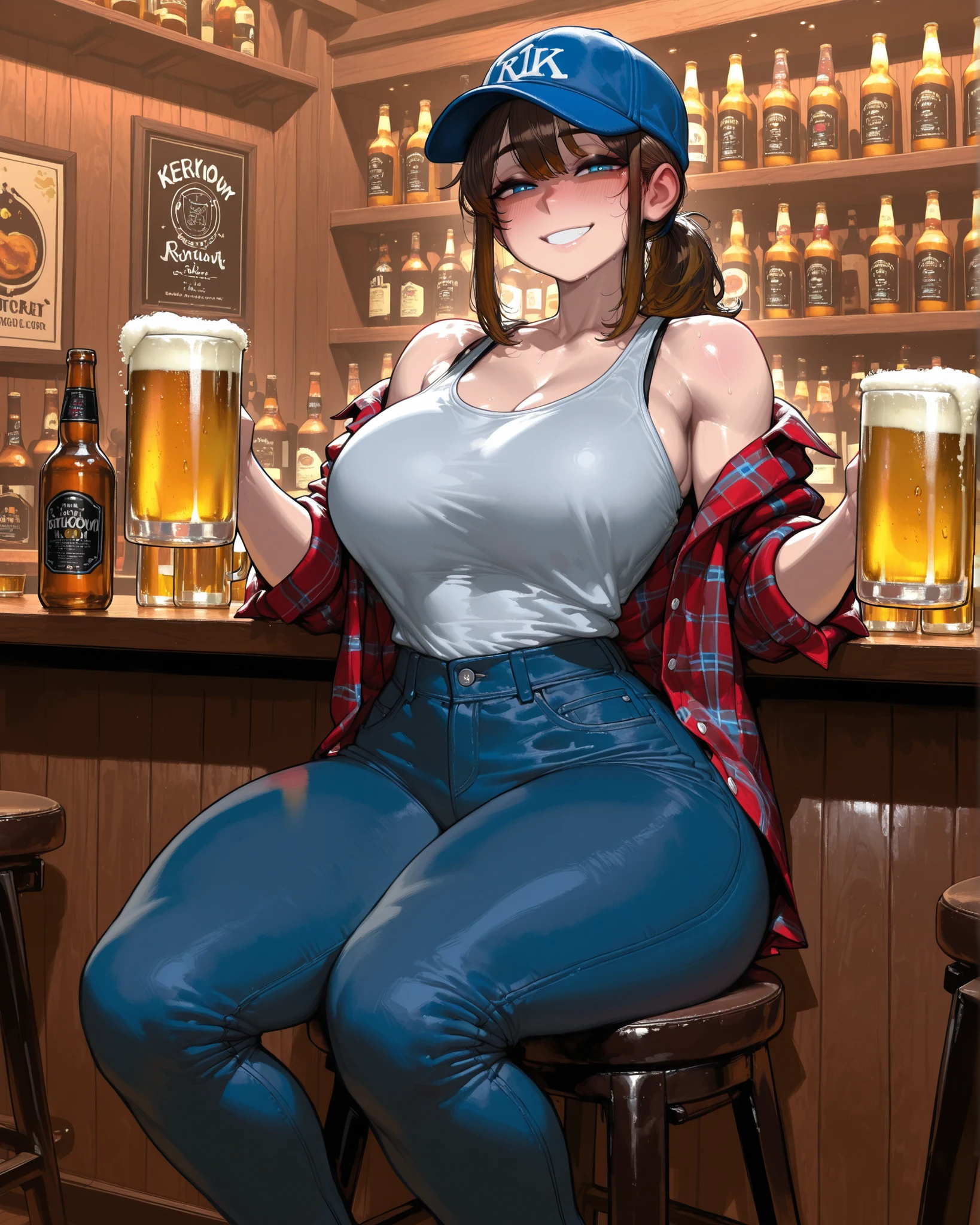 Sexy voluptuous girl getting uncontrollably drunk (busty) at a lustful teenage party (excited and drunk) Has green eyes, She is wearing sexy denim shorts and a choker , Her tits are exposed and getting wet from drinking so much beer 