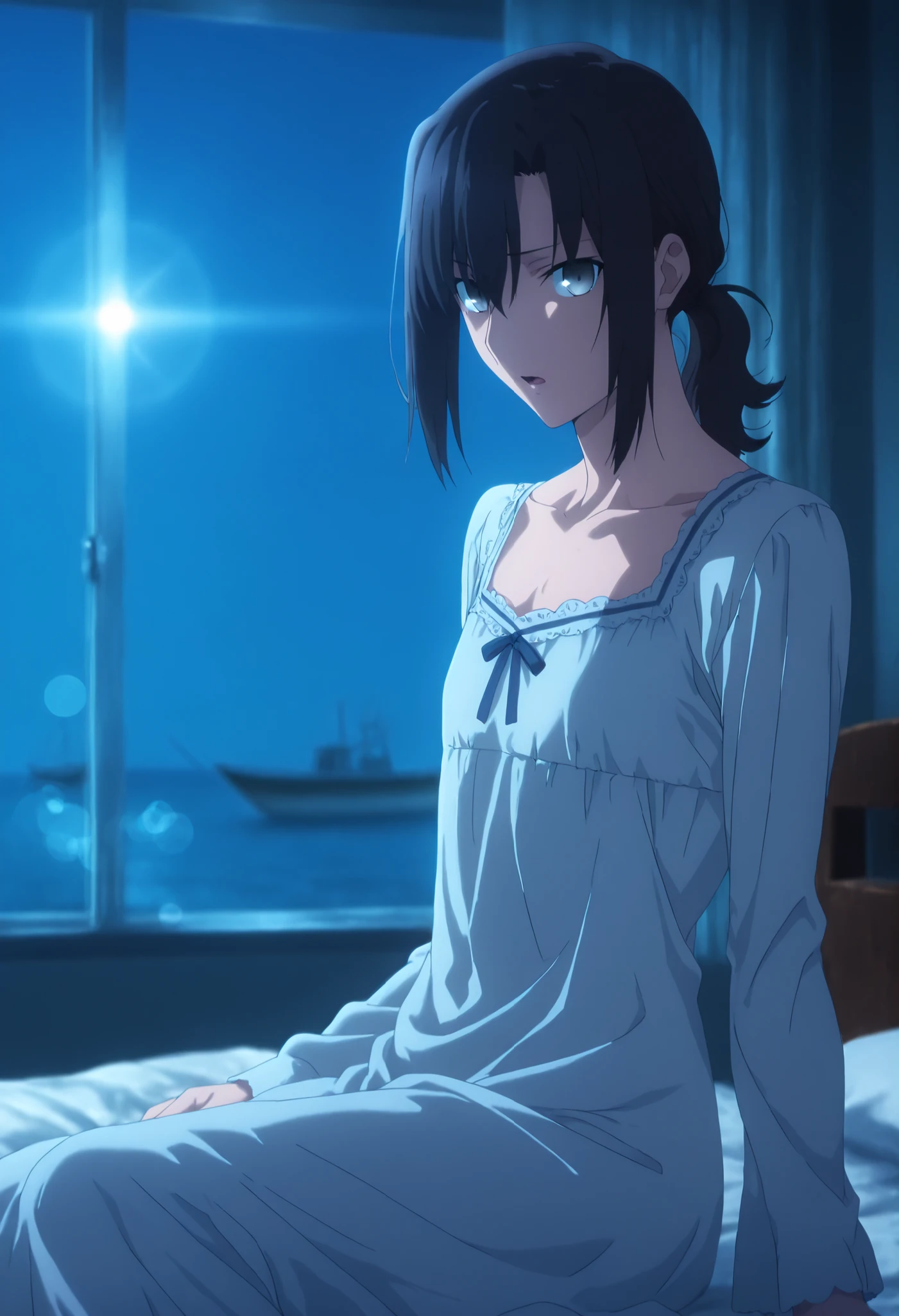 masterpiece, best quality, amazing quality, highres, absurdres, very aesthetic, high resolution, ultra detailed, perfect details, solo, evening, ufotable style, indoors ,bed room,((blue hour)),night lens flare,((cinematic light)), ,from side, ,
1girl, ufotable style, anime style, (anime coloring), (anime screencap),(aged up:1.5), light skin, sitting , ,
girl,(slim arms), ,Touko Aozaki, girl, mature, Fate Grand Order, black hair, detailed beautiful hair, black hair, medium hair, (straight hair, low ponytail), light gray eyes,((sharp eyes)),, ,(Negligee, pajama), ((boat neckline:1.2)),long sleeve ,(small breasts, flat chest), looking at viewer, , light open mouth, , , ,