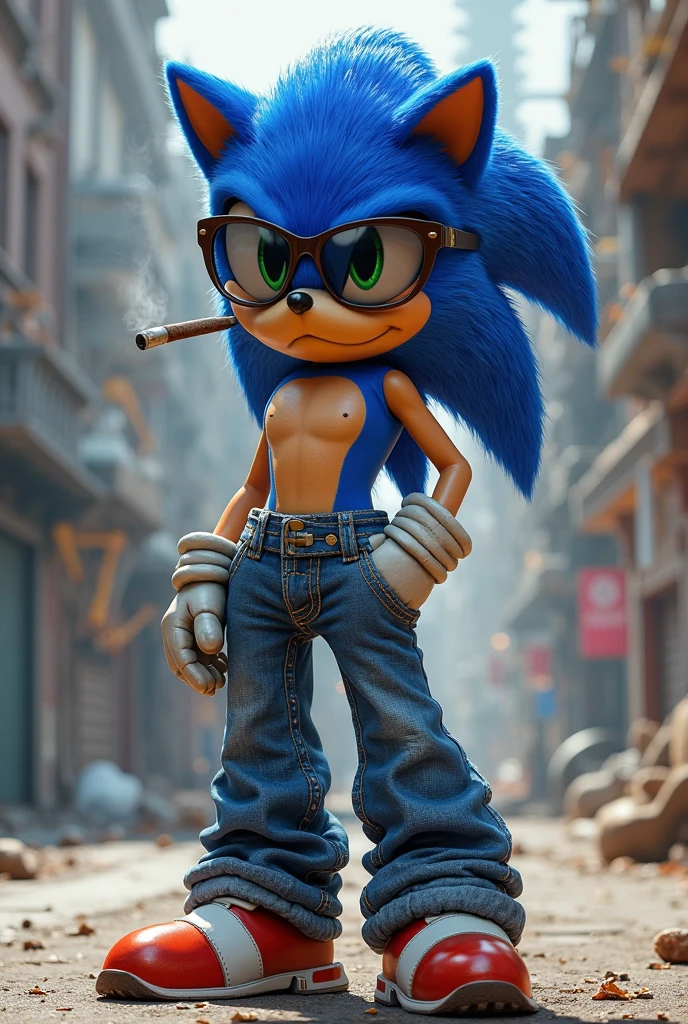 (Ugly Sonic:1.25), anthro, short, solo, blue hair, green eyes, (small eyes:1.1), male, large animal nose, blue fur, penny loafers, pot belly, middle-aged, corduroy jacket, orange topwear, extreme detail, masculine, older, 3d, cgi, chest tuft, sunglasses on forehead, no humans, smile, teeth, hyperrealistic