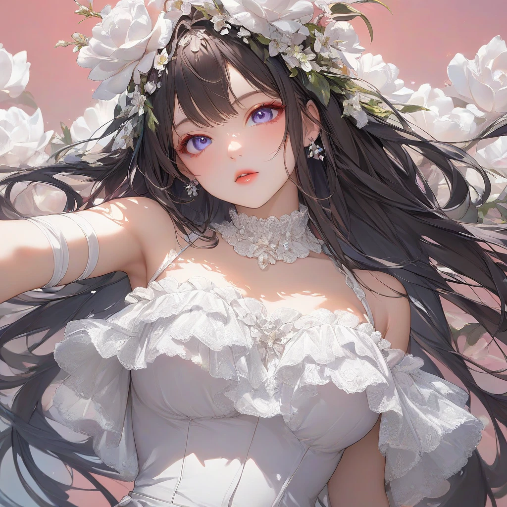 one girl, (red eyes), heart in the eyes, big breasts, dark gray hair, long hair, bags under eyes, scar, side shot, adorable, My cheeks turned red, Dementia smile, open your mouth, White lace mini skirt wedding dress, have flowers, Wet skirt hem, Sticky panties, white lace stockings, Wedding Food, (Overall details), throw, highest quality, rough skin, masterpiece, UHD, 8K