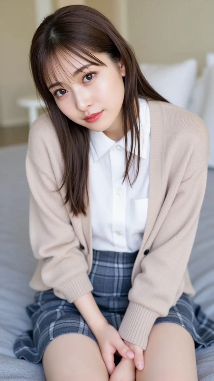 masterpiece，expensiveest quality，official art，High Definition CG Unity 8K Wallpaper High School Girl，very delicate and beautiful，超High resolution，（realistic：1.4），golden hour lighting，（Full body Esbian），（platinum short hair：1.2），（Highly detailed eye resolution），look at the audience，facing the front，( はにかんだ笑face)，JK's Skirt（plaid）， bust，expensive ，tie， masterpiece， highest quality， RAW photo， realistic， face， incredibly irrational solution， written boundary depth， High resolution， Super detailed， small details， very detailed， 非常に詳細な目とface， sharp pupils， realisticな生徒， fix sharp focus， cinematic lighting, Idol style、very cute:1.2、black haired、bangs、((on the bed、Sitting with your knees:1.4.knee high socks))、cardigan、((bangsが頬にかかって、layer cut、shaggy))、white teeth、The gesture of tying your hair with both hands