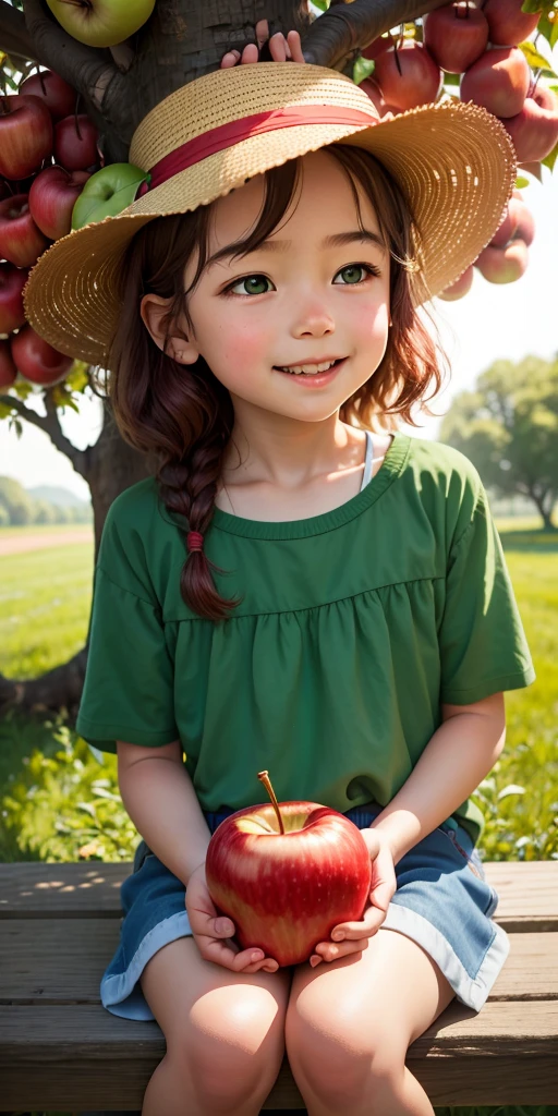 FAZENDA COM CELEIRO, cavalo, GIRLS CHILDREN 12 YEARS OLD, PICKING APPLES WITH A FARMER'S HAT, LOIRAS COM CABELO LISO, TRIGO, ROLOS DE FENO, SOL AO FUNDO DA FAZENDA.
