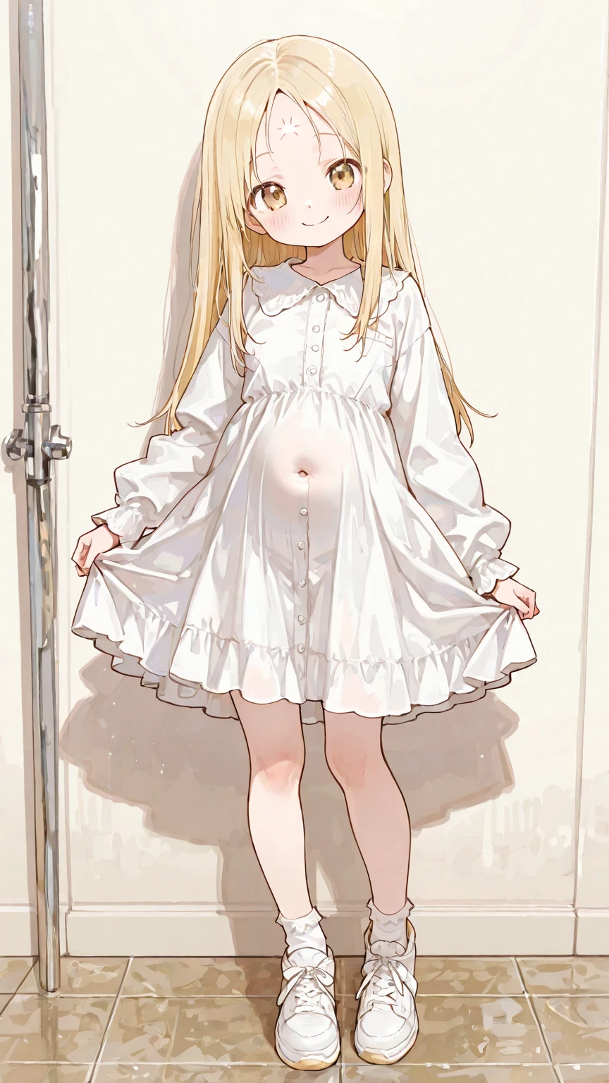 Anime. Baby. Princess. Blonde. Long hair. Blue eyes. Beautiful eyes. Light dress. Shoes. Urinary incontinence. Pee. Wants to pee. I need to pee. A very strong, desperate urge to pee. presses his hand tightly to his crotch. I peed. Pees while standing. Pissing to himself. Pissing in panties. I peed myself. Urine runs down my thighs. There is a wet spot on the crotch of the dress. The girl can't stand straight. Fantasy city. Lock. Corridor . At the entrance to the toilet. Full height. Standing. Full body.