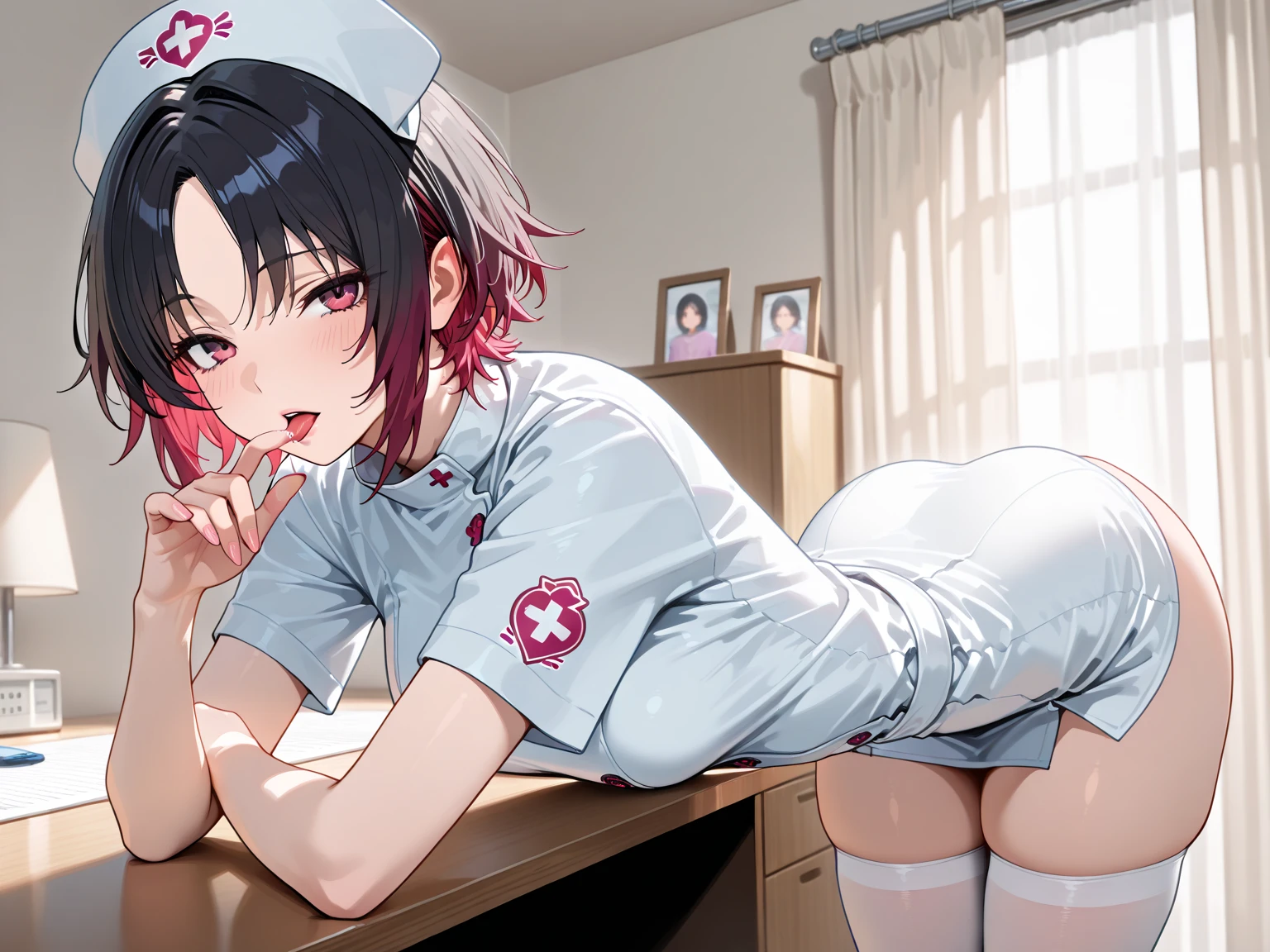 {best quality},completely naked、Intense sex between men and women、black hair short cut、woman、bed、beautiful breasts、nurse outfit、vagina、fucking、jitome, wet eyes、spread legs、orgasm