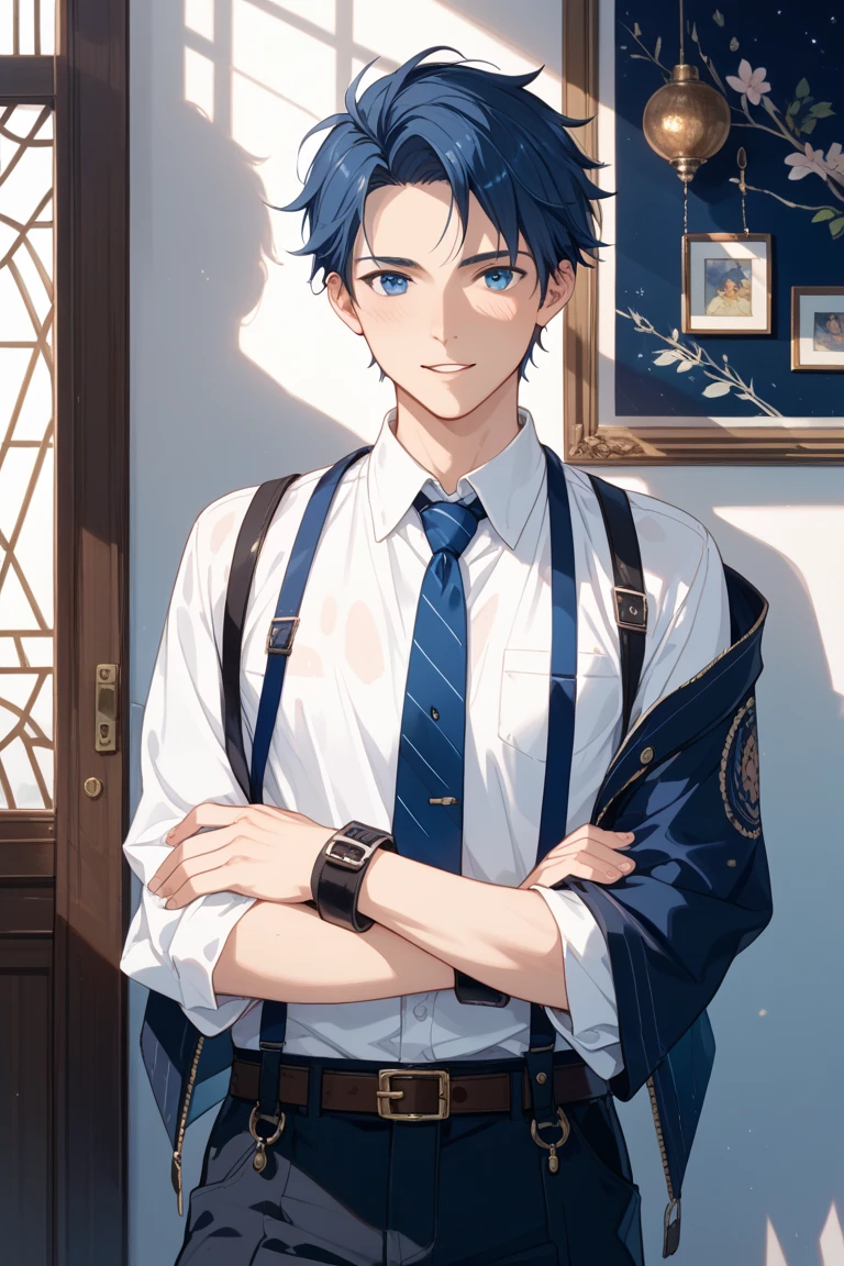 (1 Adult male),A high resolution, Sharp focus, Pixiv masterpiece, ((Complicated details)), highly detailed, natsuki_subaru, 1 man, with her mouth open,full bodyesbian,sit astride, blue colored eyes(eyes glowing), blue short hair,white shirt,Wear a tie,Wear a belt,perspire,look from down