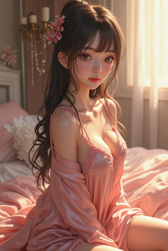 (Pieces fly),(highest quality:1.1),(Very detailed),Best illustrations,The finer details,(Portraits:1.1),(Watercolor)fluffy,1 female,alone,13 years old,Small breasts,Anorexic Thin Thighs,slim,(Very delicate and beautiful face),(Beautiful eyes in every detail),Pink thick lips,(Messy Hair),Soft and lazy,(Simple Background:1.2)Overall background color,Transparent parts,In 4K,Full Shot,Thin legs,See-through gown,Swimwear,The happi coat is open,Lying in bed,Innocent pose,