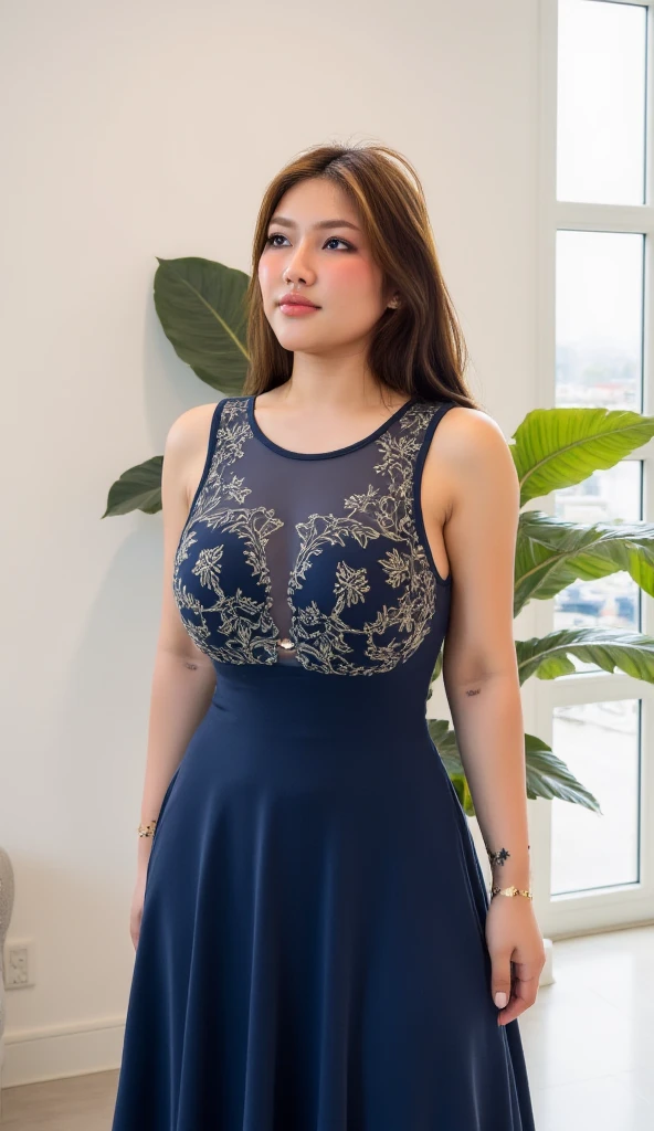 ((best quality)), ((masterpiece)), (detailed), perfect face, araffe woman in a long dark-blue shirt and blue denim skirt walking down a street, thicc,  wavy  short hair , she has a jiggly fat round belly, bbwchan, wearing tight simple clothes, skinny waist and thick hips, widest hips, her belly is fat and round, soft curvy shape, hyperrealistic full figure, wearing a cute top, wide hips, wearing 10 bracelet , wearing huge diamond necklace Fresh smile