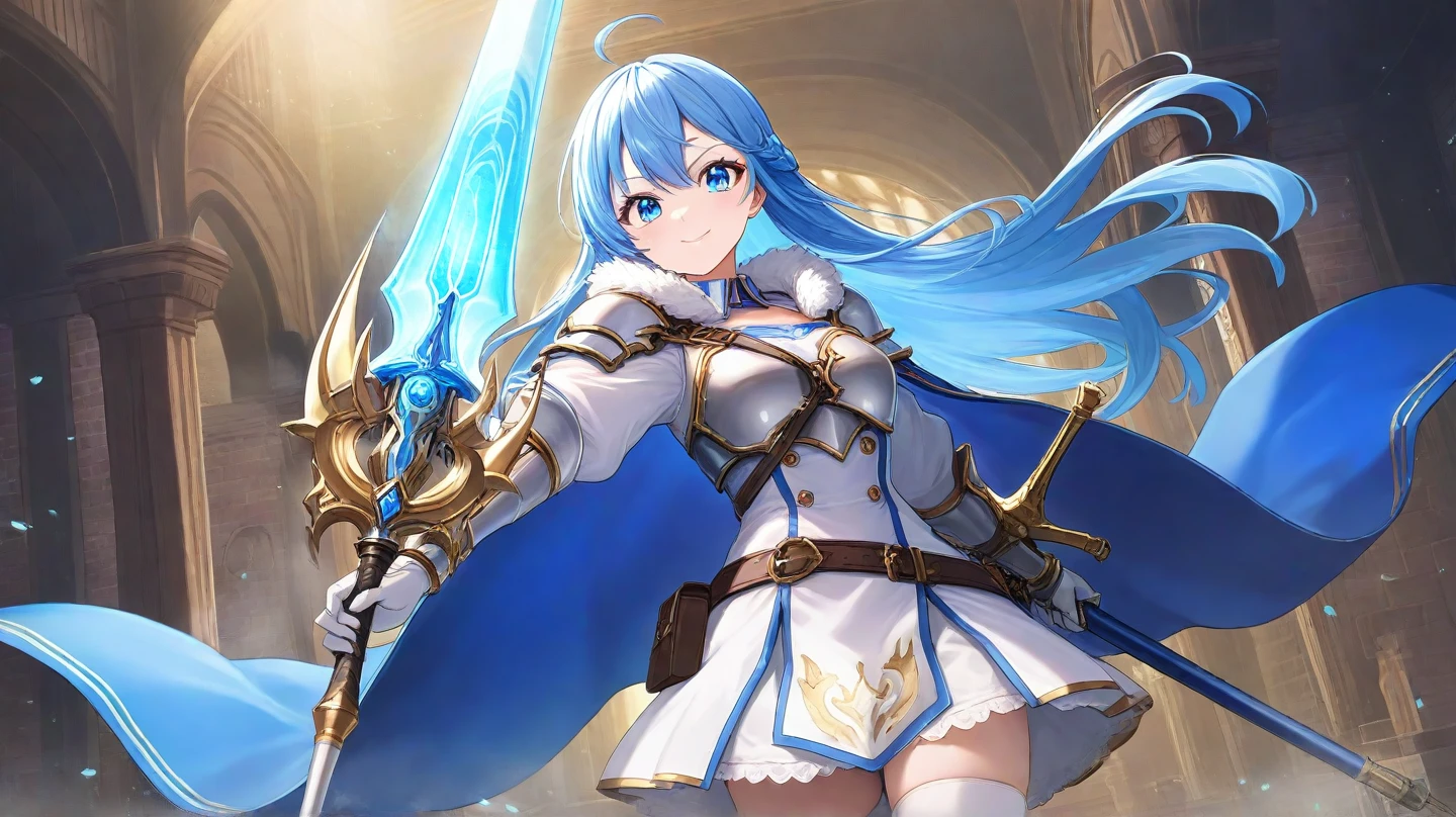 best quality, high resolution,extremely detailed face, extremely , (perfect hands, perfect ???????),Magic_Knight_Rayearth,Umi Ryuuzaki,open thighs,shoot from below, white panties,1girl, 独奏, long hair, Blue Hair, White Armor, Blue Skirt, zettai ryouiki, Thigh-high boots, White boots, Blue Hairband,blue eyes, ,Blunt bangs,blazer, Blue jacket,Pauldrons