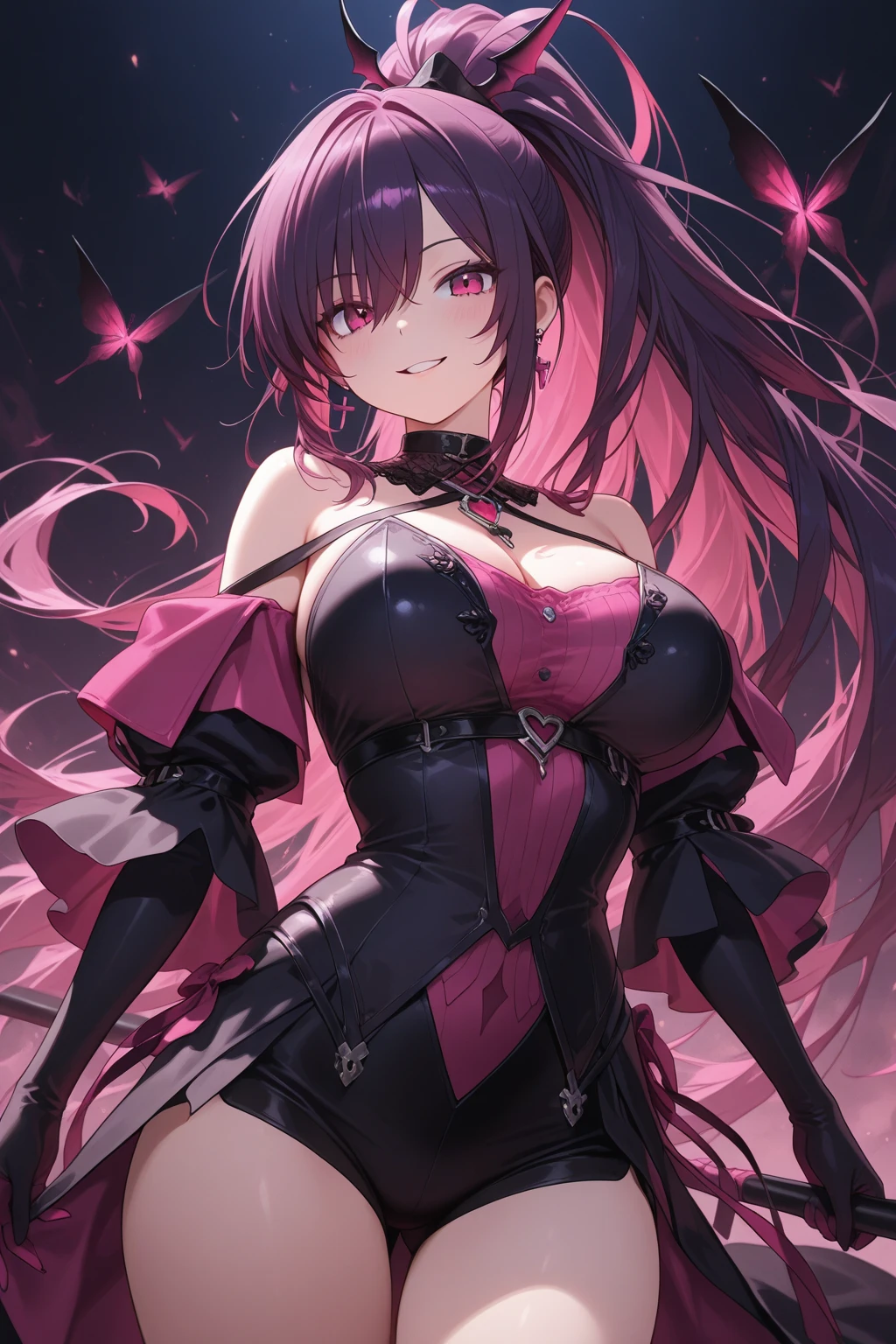 Magical girl　Black costume　Purple medium hair　Short mini skirt　No sleeve　Long gloves　Headband　Cleavage　blush　smile　standing facing this way　universe space