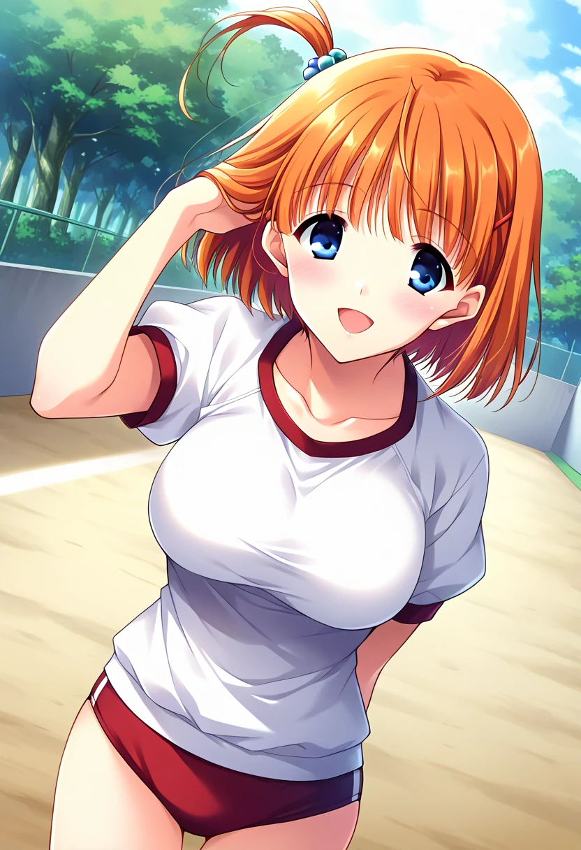 score_9, score_8_up, score_7_up, masterpiece, best quality, very aesthetic, absurdres, official art, official style, anime screencap, (game cg:1.2), megami magazine, zPDXL, zPDXLpg, <lora:plasticnovel-sdxl-pd6-000003:0.7> <lora:Fujigasaki Miho (Toriko no Shizuku) Pony v1_epoch_10:0.8> Fujigasaki Miho, 1girl, solo focus, (medium breasts:1.3), brown eyes, brown hair, orange hair, long hair, braid, french braid, eyebrows visible through hair, hair between eyes, BREAK, gym shirt, (buruma:1.3), thighs, short sleeves, <lora:neg4all_bdsqlsz_xl_V91:1.0> <lora:ALTXL_pony_0061_8:1.5>, looking at viewer, smile, open mouth, summer, sunlight, lens flare, field, dutch angle, zettai ryouiki,