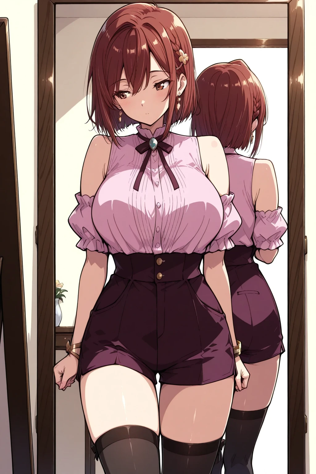 Misae Nohara, anime style round glasses, Pixie haircut, thick thighs, hourglass figure, half naked, Looking at the viewer with seductive eyes, man woman sex, Misae Nohara, exposed breasts, brown black hair, hard nipples, exposed vagina, hard sex, best quality, highres, bbyorf, gold earrings, large breasts, jewelry, off shoulder, black stockings, pink transparent sweater, sweater pink transparent dress, white apron, long sleeves, no panties, outdoors,