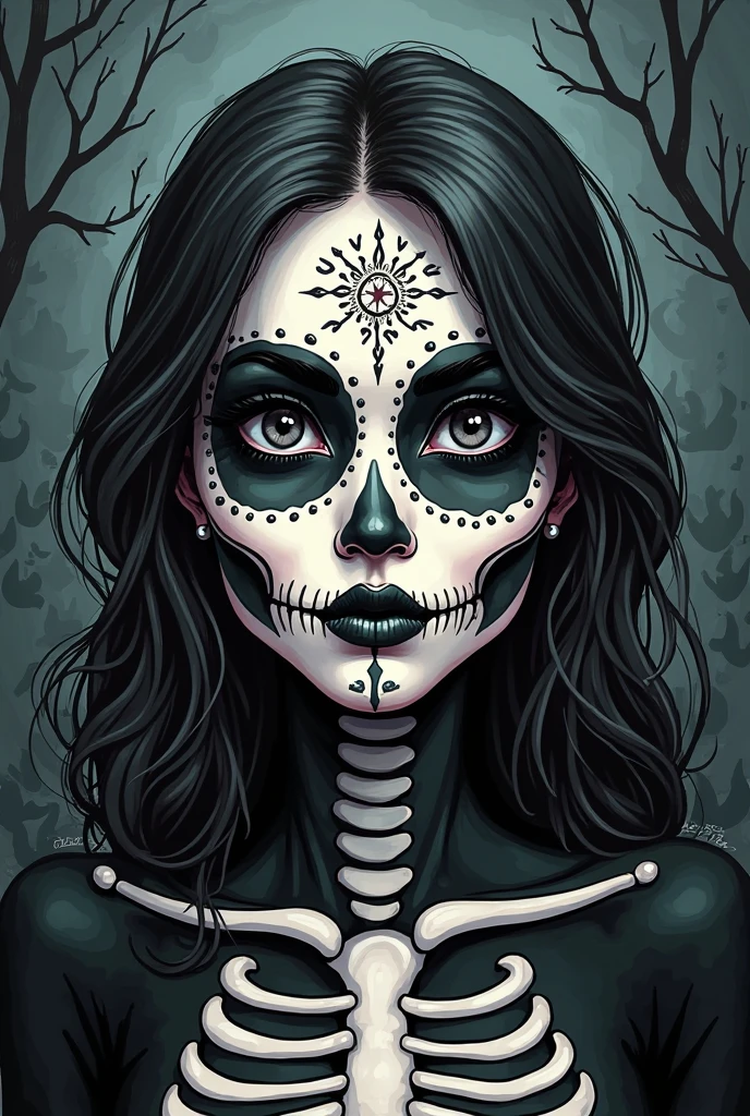 Masterpiece, best quality, professional illustration, woman, (catrina skeleton:1.2) (dia de muertos:1.2), (catrina face makeup:1.2), (long black dress:1.2), (ghostly glow:1.2) background is a dark graveyard.