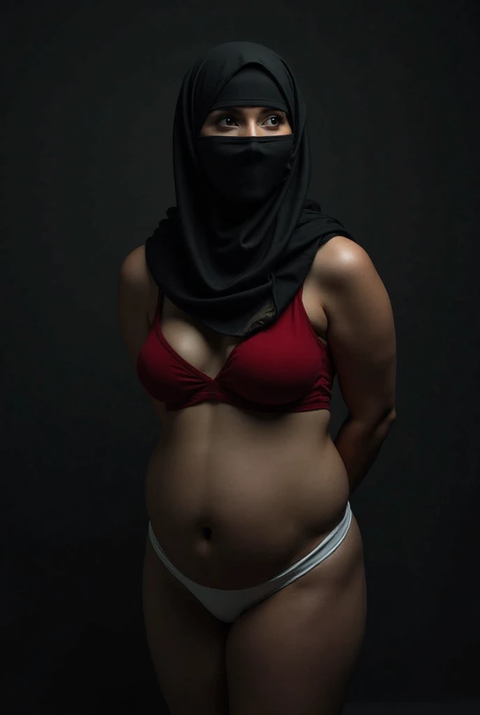 RAW photo,candid photograph, full body,photo of a beautiful,influencer,30yo Moroccan woman,black hijab, detailed skin, naked, looking at viewer, thick body structure,white background,no background, candid pose,blue light, film grain, kodak color, instagram LUT