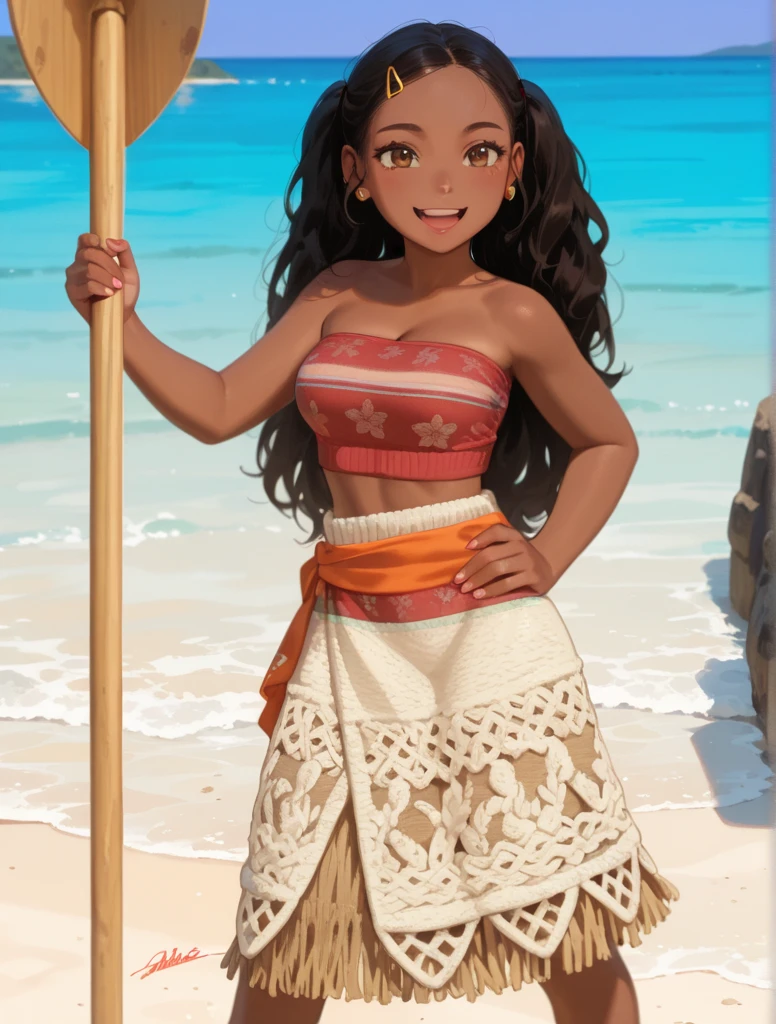 Artist's rendering of a black woman with radiant skin and a warm smile, sporting a long braided hairstyle. She is wearing a vibrant black dress that reflects her culture and personality. The surrounding scenery is a square, com elementos que destacam a beleza e a diversidade