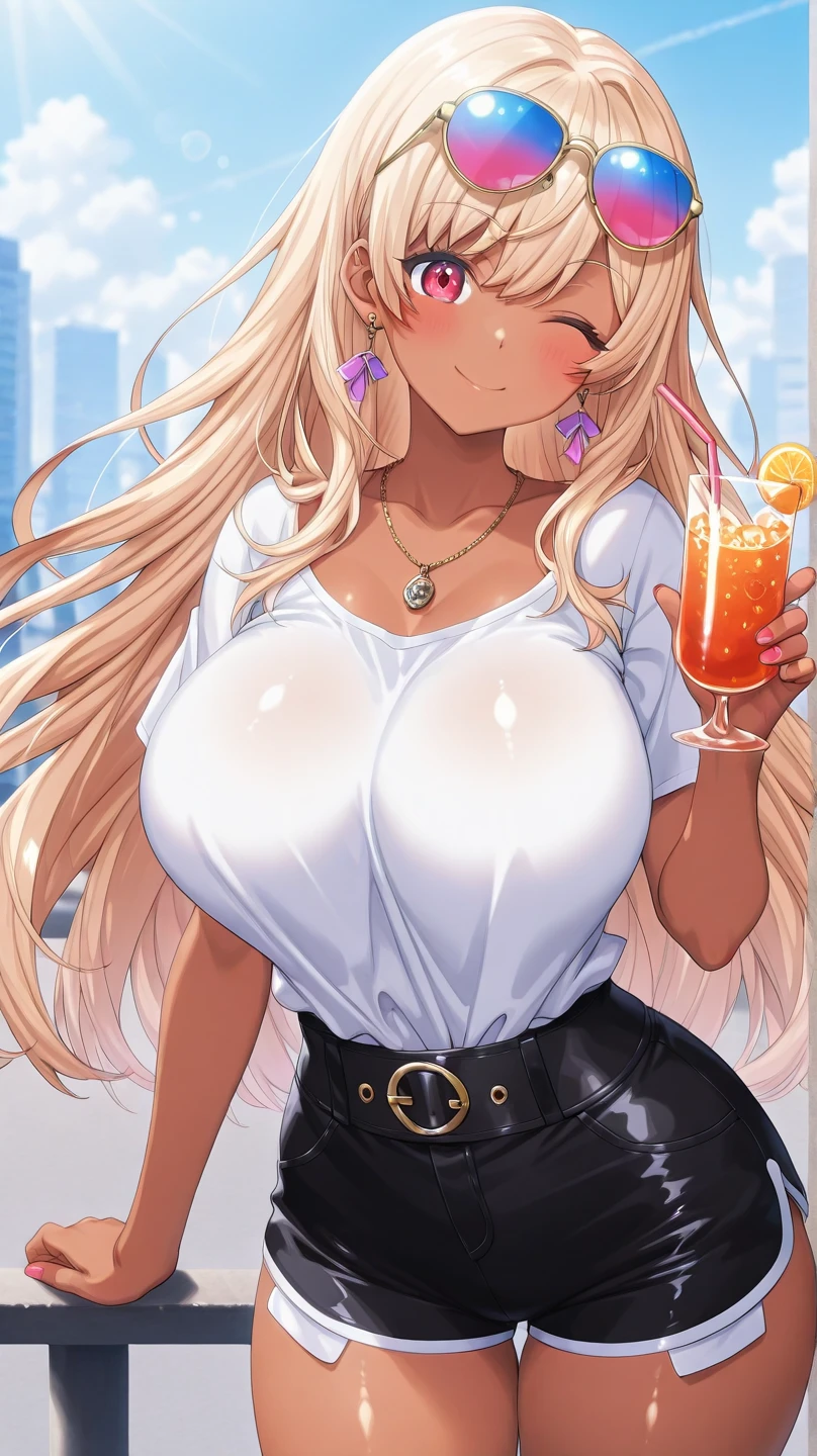Score_9, score_8_up, score_7_up, source_anime, solo, 1girl, mature female, twintails, blunt bangs, hair ornament, breast, long eyelashes, Gyaru, dark skin, dark-skinned female, makeup, pink eyeshadow, parted lips, piercings, tanned skin, shiny skin, metallic tan, oiled skin BRAKE open shirts, short sleeves, latex bikini, short shorts, flashing, posing in bar, fishnet stoking, elbow groves, glass, drunk, blush, dim lighting
