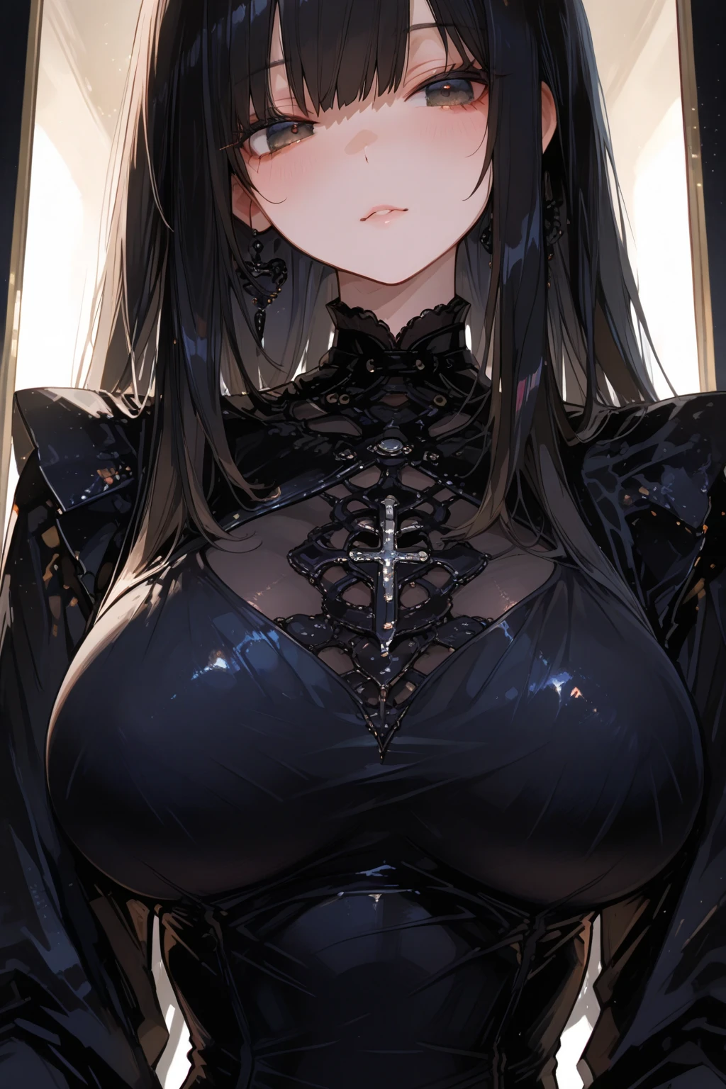 Striped hair, french braid, mismatched pupils, Chiaroscuro,illuminating, Gothic art, 16k, Best quality, Anatomically correct, High details,???? nun,Leather bandages,Metal chains,leg loops,huge tit