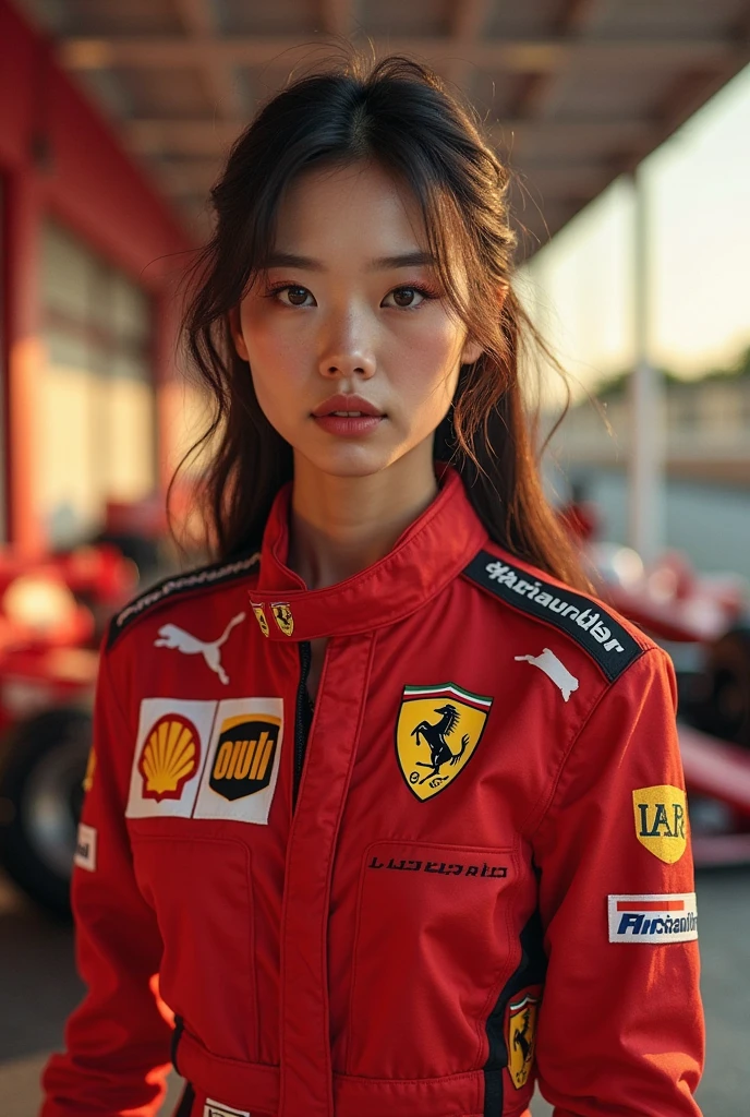 A Korean girl with a Ferrari Formula 1 team theme, with a sexy outfit referring to the Ferrari team, with red, black and yellow colors with a car referring to the Ferrari team