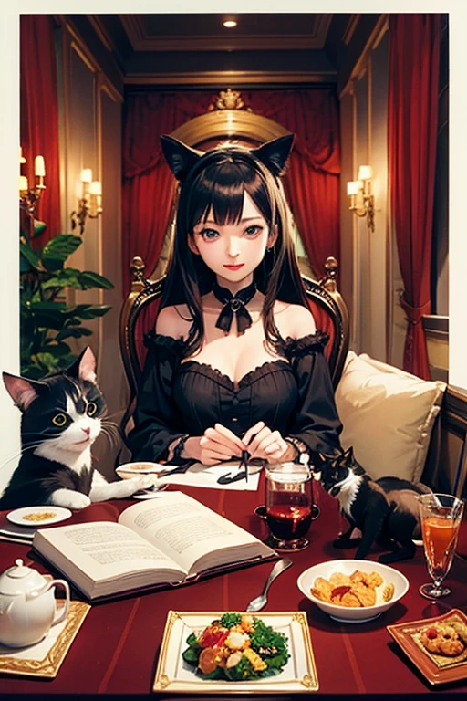 "Steampunk girl with her cat robot companion, Relax in a candlelit room, Eye contact with viewers, Shooting with wide angle."