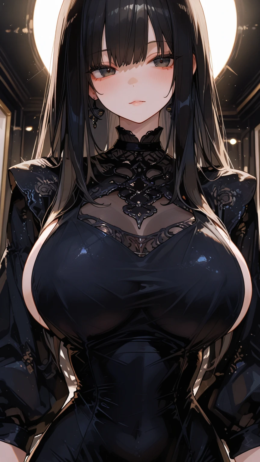 A beautiful, busty elf with black hair wearing black and gold lingerie with red eyes.