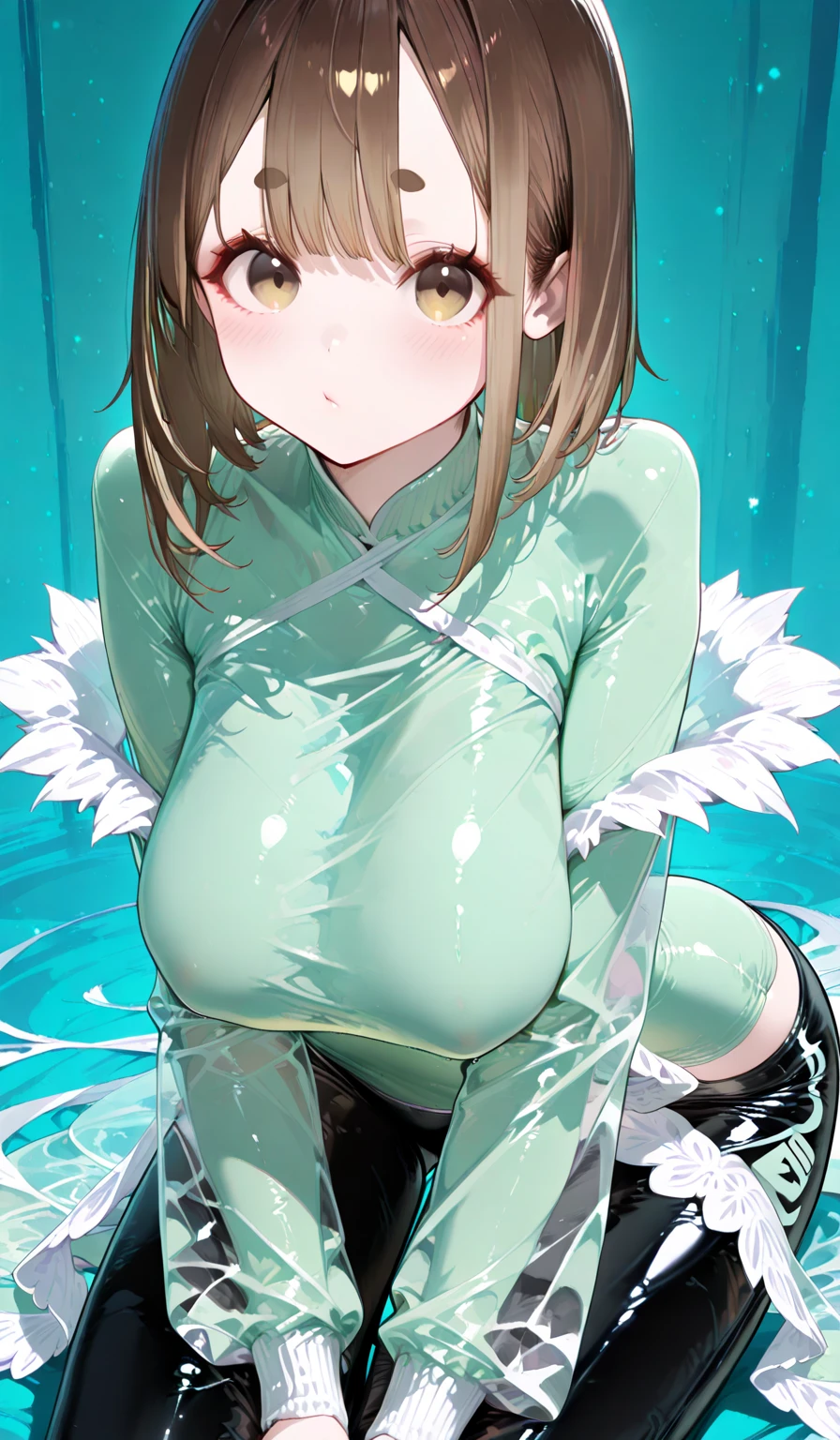 nsfw,uncensored(highest quality,masterpiece:1.3),disorganized,High resolution,16k, 超High resolution, official art,figure,very detailed,anime color,perfect hands, perfect fingers, perfect legs),(cowboy shot,From front), 1 girl, idol master,(marina sawada),20yo,(long straight hair), ((beautiful eyes)),shiny hair, shining eyes, delicate line tail face, slender and tall,spread your legs, leaning forward, open your mouth, (smile),(one eye closed),((stick out tongue:1.3)),sit on surfboard, toes, Boot sole,nipple, belly button), (light green rash guard:1.5),(open clothes), (midium breasts), (glowing skin:1.3), (Sweat:1.4), (pubic brown hair:1.5), (open vagina:1.4), (peace sign:1.5),(cum shot:1.3),(bukkake:1.9),(cum on Face:1.5),(cum on hair:1.5),(vaginal penis:1.2), testicle, (a man:1.2), hetero, (lady sit astride on man:1.3), (lady on top,pov), (intense Sex:1.6), ((Midsummer, deserted island, beach, outdoor)),(look at camera),(wink),