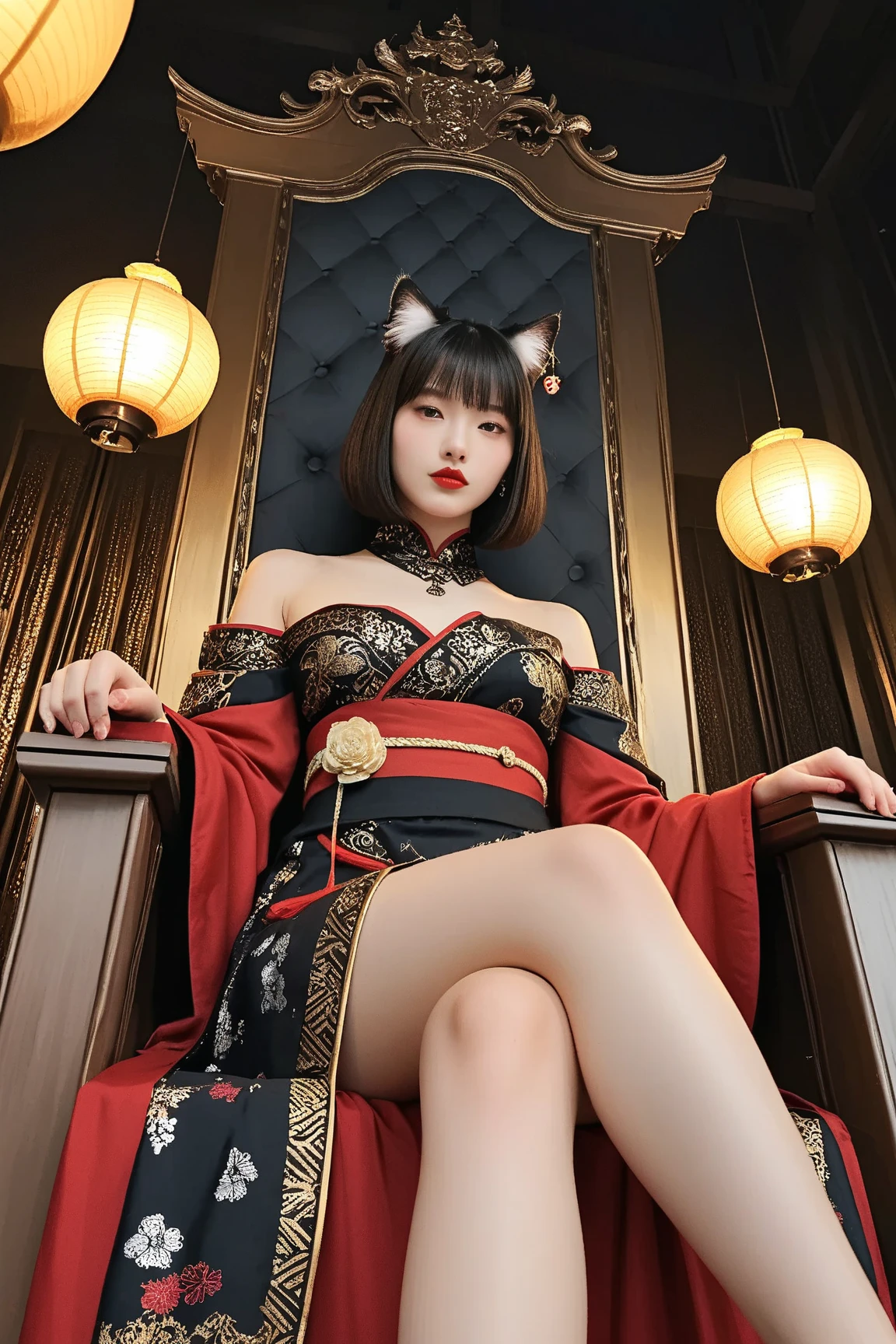 ((highest quality, 32k)), ((masterpiece)), (Familiar), Perfect Face, Fox Girl, beautiful, public, Has a tail, She has a fox tail, She wags her fluffy tail, Collars and Leads, Beautiful hip line, Big Breasts, She is wearing a dress, A tail sticks out from the skirt, Troubled face