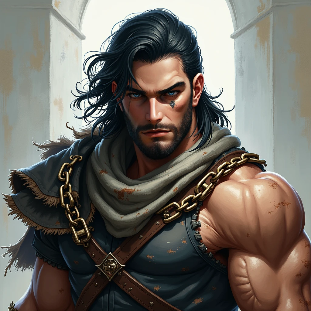 muscular bearded man, extremely detailed facial features, beautiful detailed eyes, beautiful detailed lips, extremely detailed face, large muscle pecs, highly muscular body, massive muscles, intricate muscle definition, chiseled physique, dramatic lighting, cinematic atmosphere, dark and moody, epic dark fantasy style, dramatic shadows, rich color palette, dynamic composition