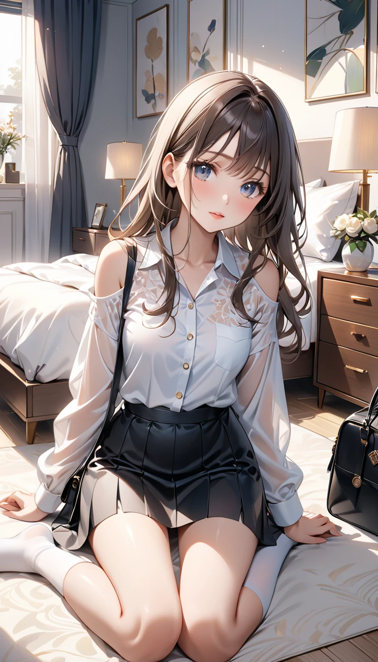 (masterpiece, Highest quality:1.2), One girl, alone,bony body、15 years old、Anime Style、(masterpiece, Highest quality:1.2), One girl, alone,bony body、15 years old、master piece , best quality , detailed , blouse , skirt , sitting , (from front) , bed room , indoor