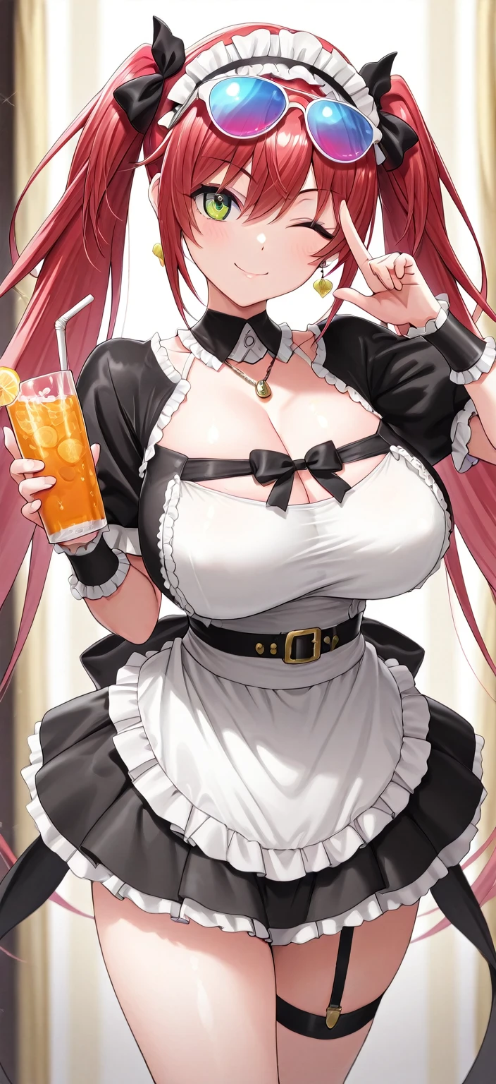 ingrid, (naked waist apron:1.2),(very short apron:1.2),large breasts,cleavage,erected nipples, mature female, (dark-skinned female:1.2), dark skin, determined, pink red hair, very long hair, hair intakes, makeup, lipstick, (mole under mouth:0.8), eyelashes, yellow eyes, , looking at viewer, cafe,(highres, high quality:1.1), intricate details, cinematic lighting, 1girl,(red blush,embarrassed),from below,(metal collar),show off pussy,have a beer mug