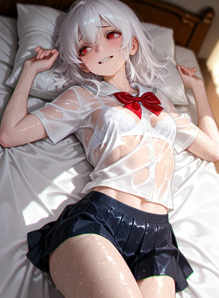Short milky white hair,yellow eyes,lovely expression,a shy expression, college top,Red fluffy skirt,blackstockings,naked navel and shoulders, Lie down on the soft bed, legs open up, legs propped up in the air,tilt your head,baki,Open your little mouth, ((sweat))